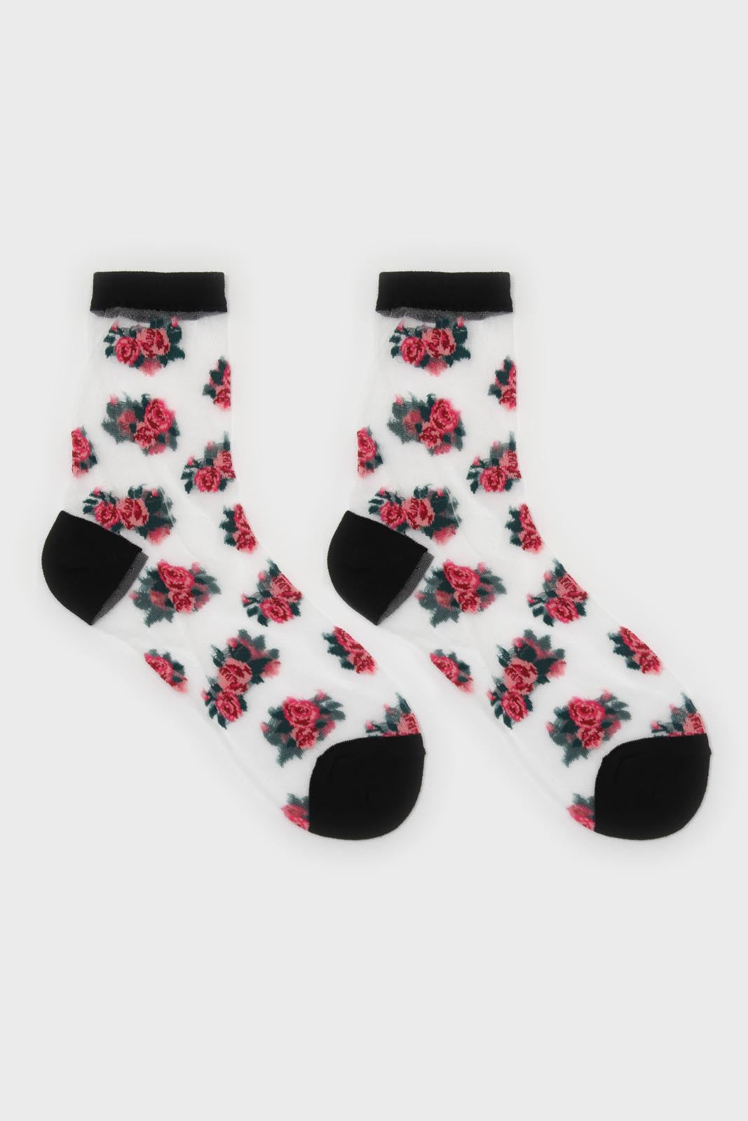 Black and pink rose floral sheer socks_4