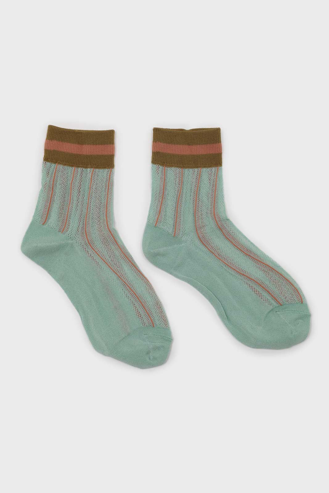 Mint green and khaki stripe hem socks_4