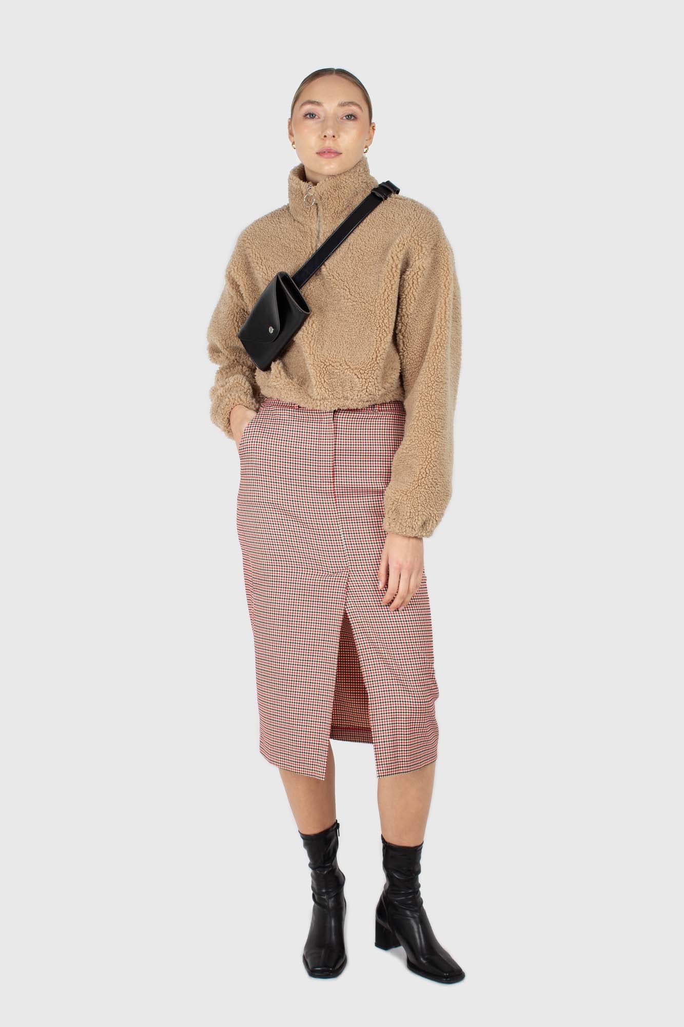 Red and beige check front split midi skirt_2
