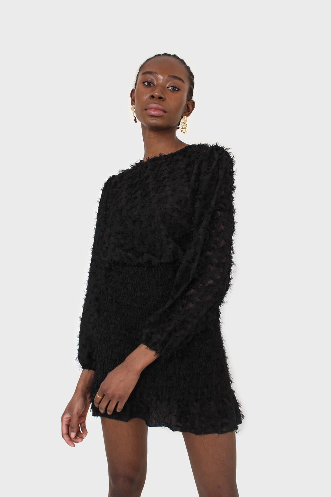 Black tufted sheer long sleeved ruched bottom dress_10