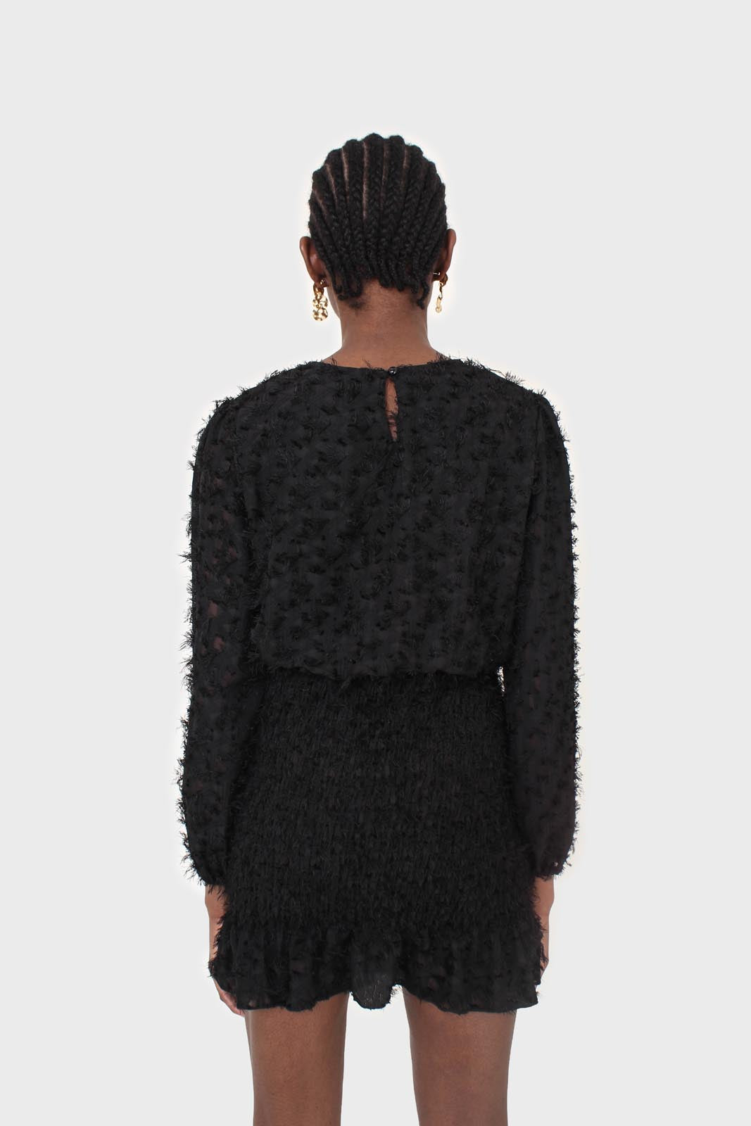 Black tufted sheer long sleeved ruched bottom dress_5