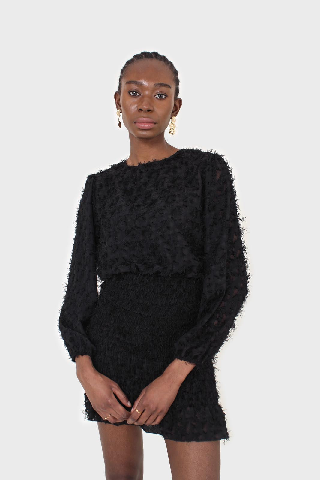 Black tufted sheer long sleeved ruched bottom dress_1