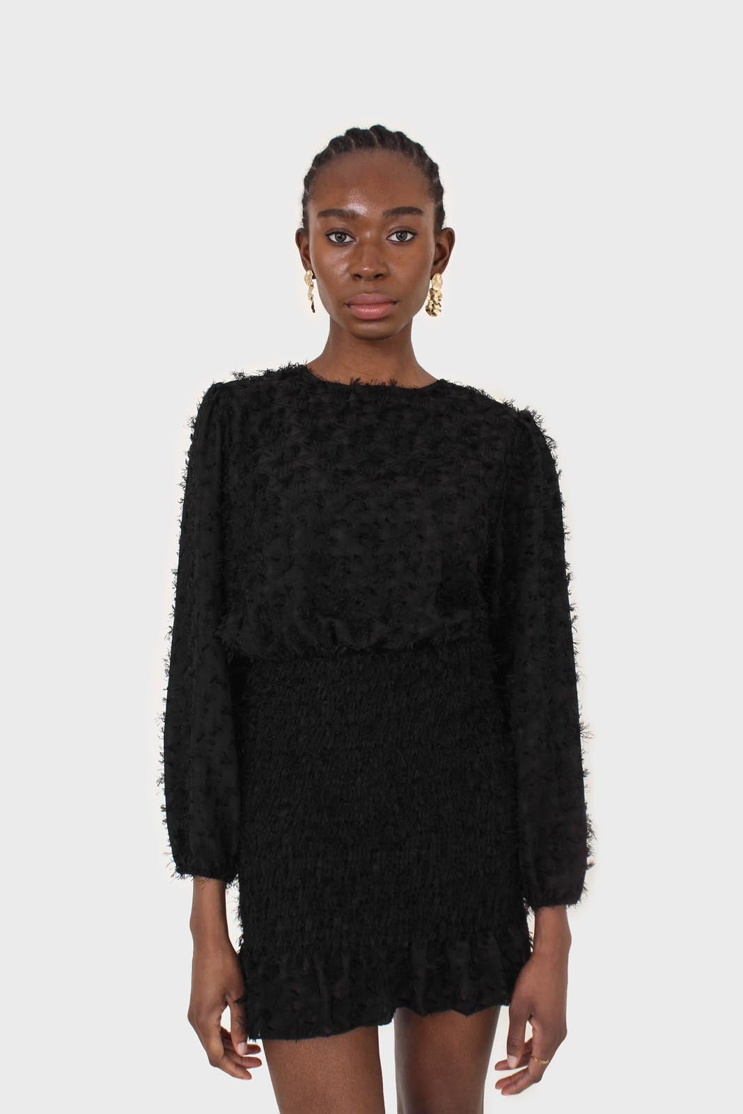 Black tufted sheer long sleeved ruched bottom dress_6
