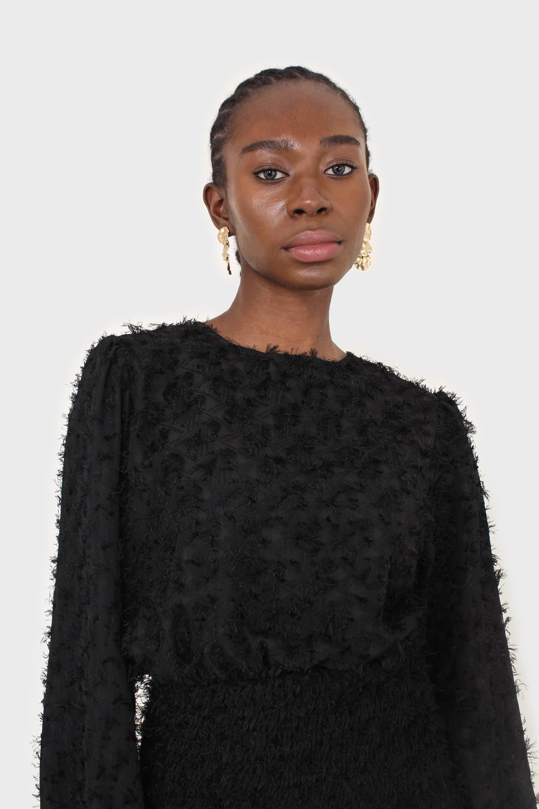 Black tufted sheer long sleeved ruched bottom dress_7