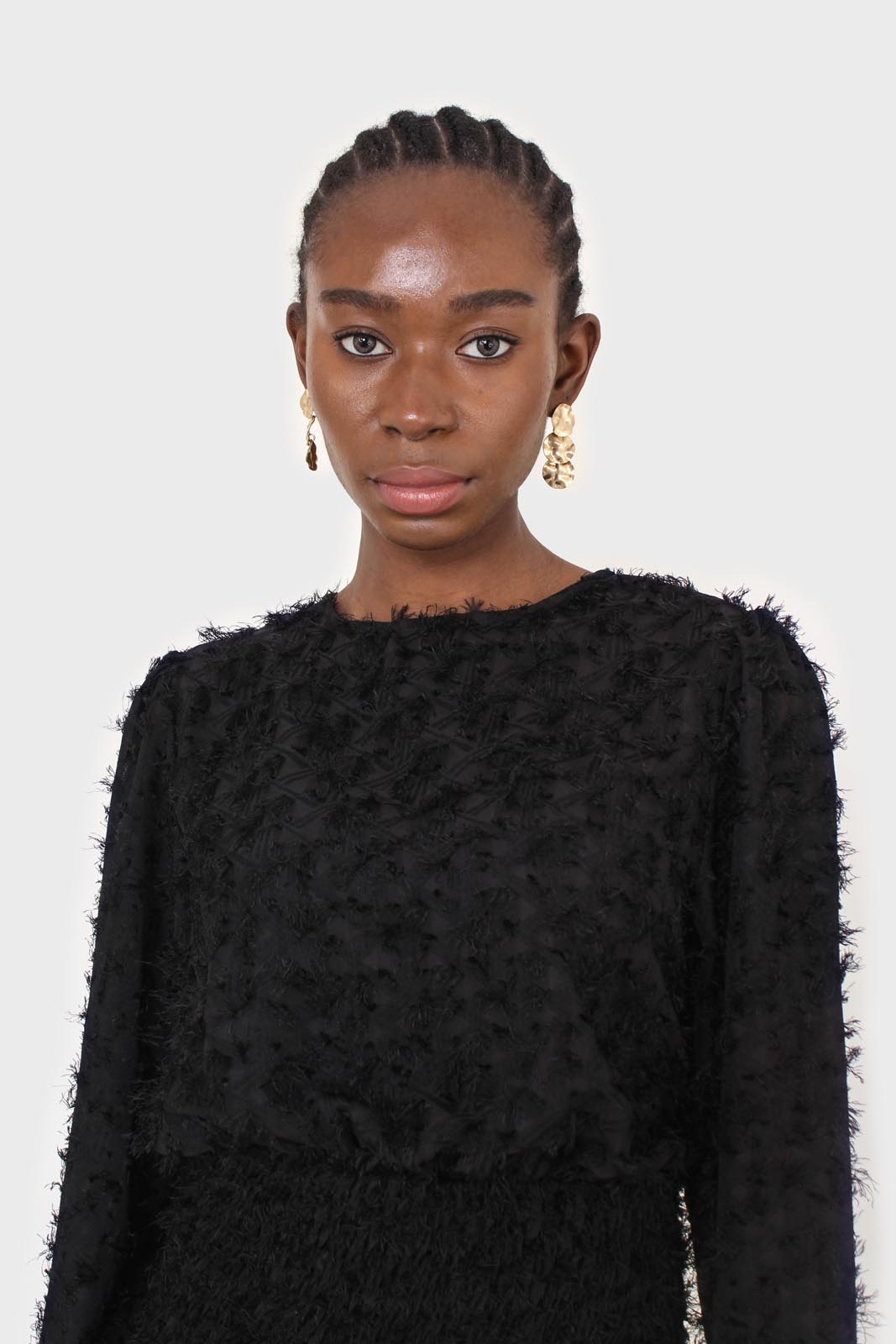 Black tufted sheer long sleeved ruched bottom dress_8