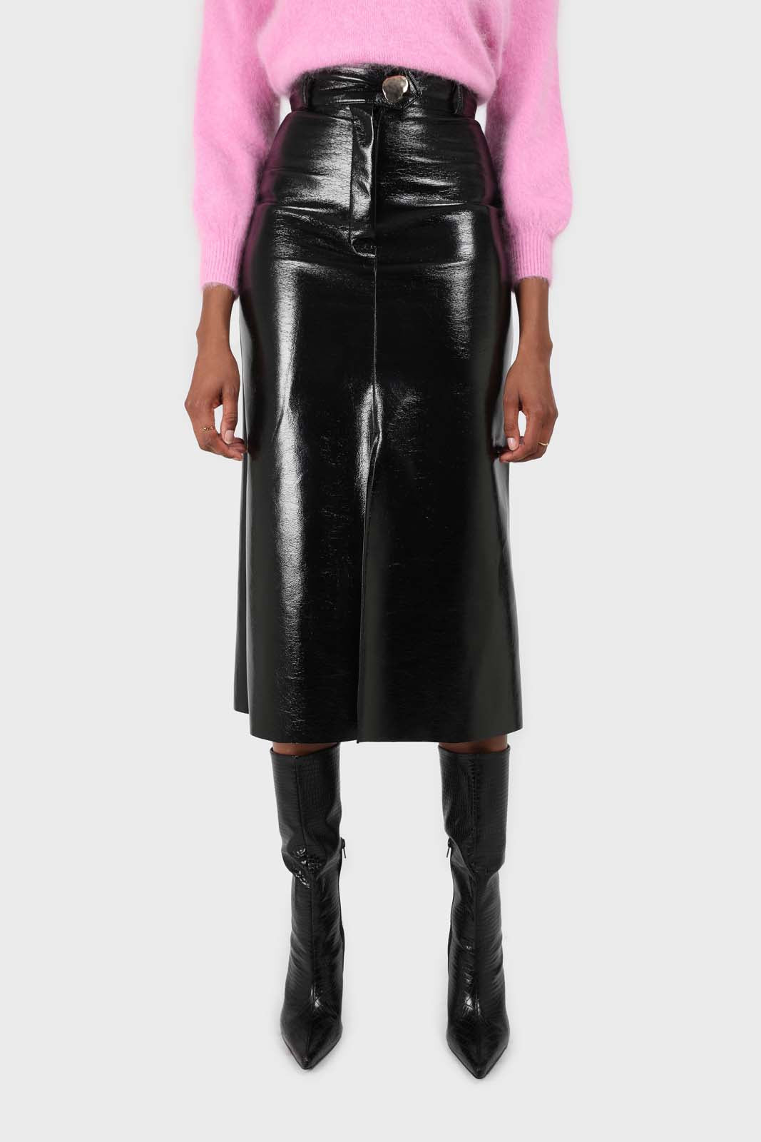 Black PVC front slit gold button maxi skirt_1