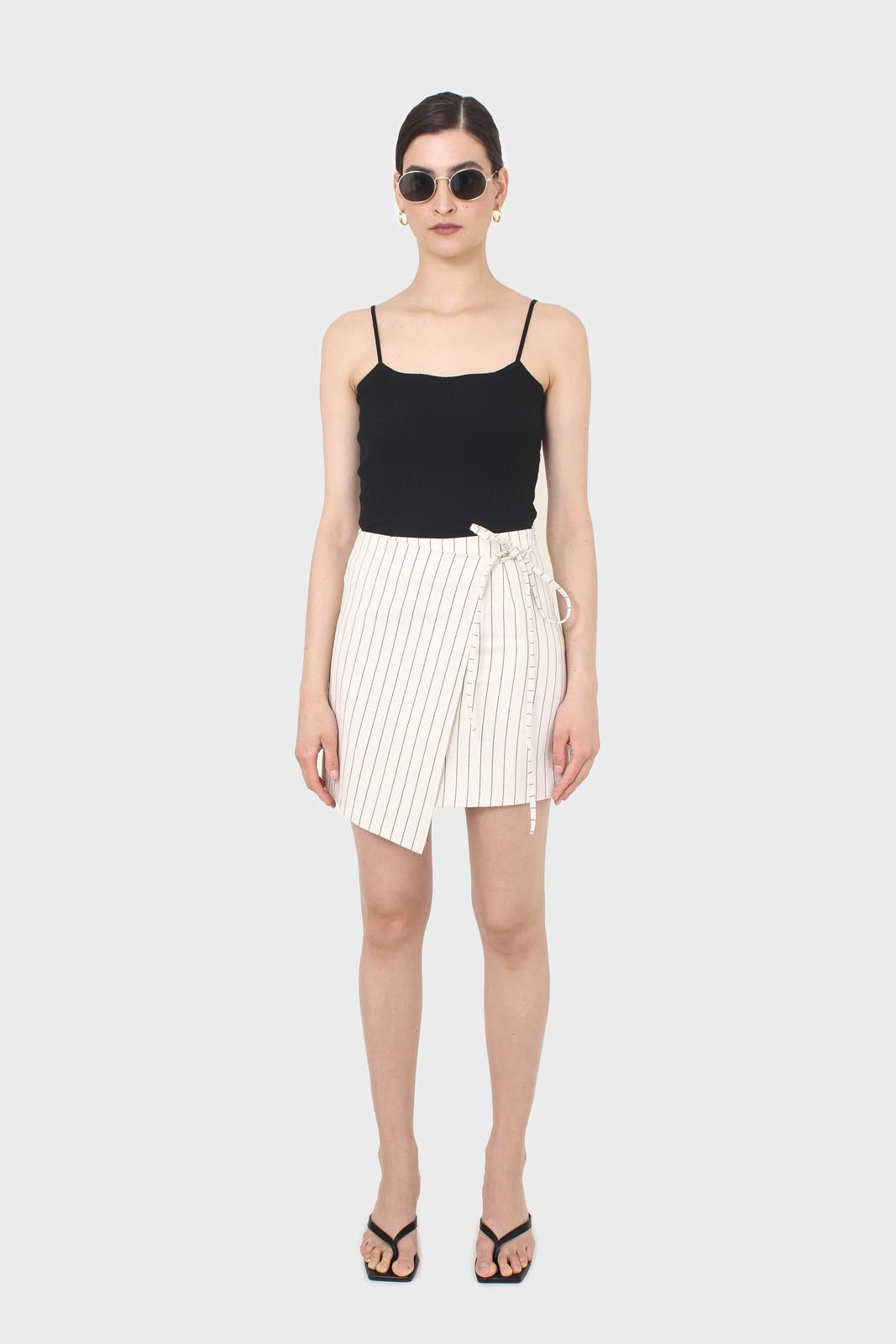 Cream and black pinstripe wrap mini skirt_2
