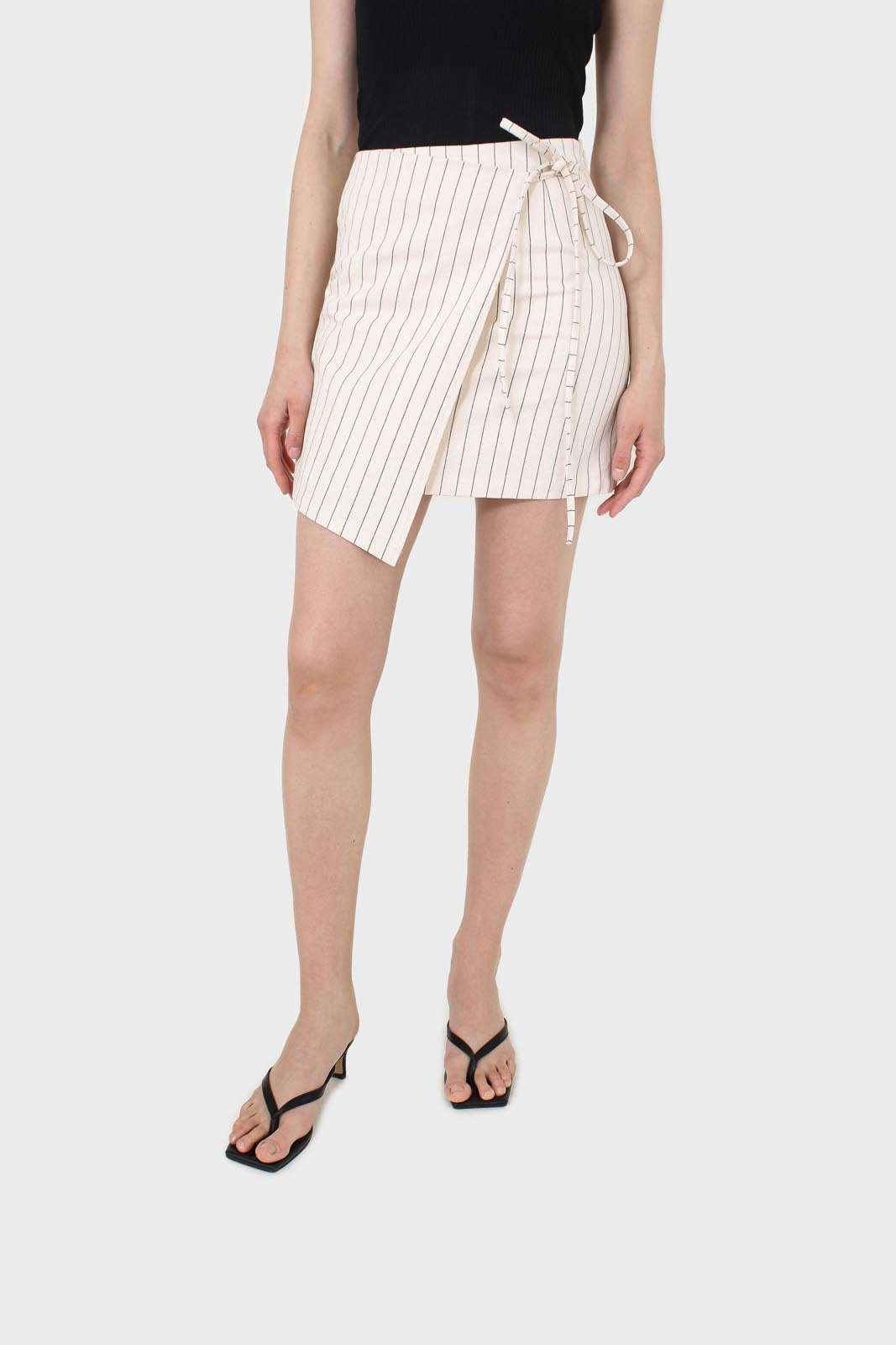 Cream and black pinstripe wrap mini skirt_3