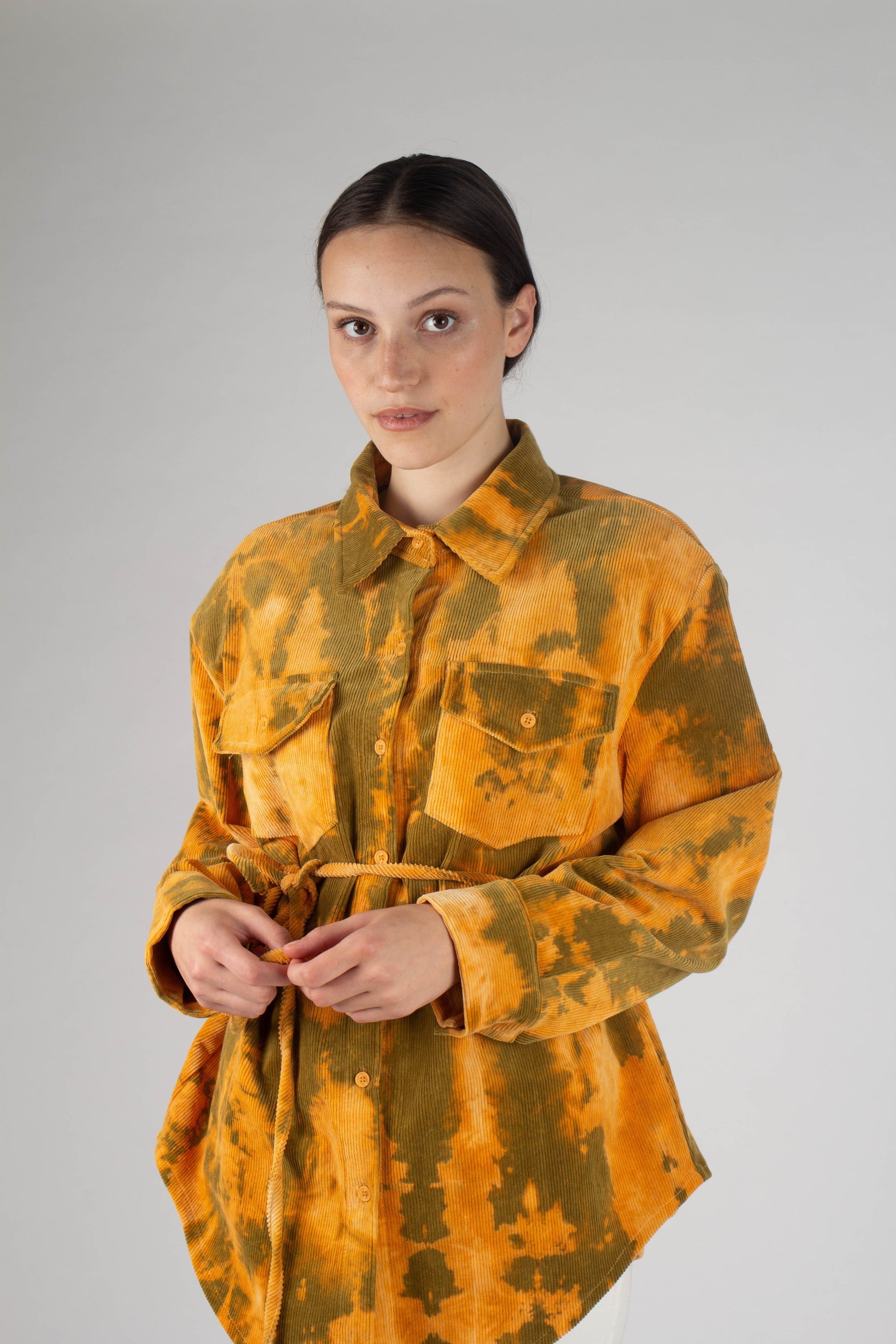 Orange and khaki tie dye tie waist shirt jacket_14