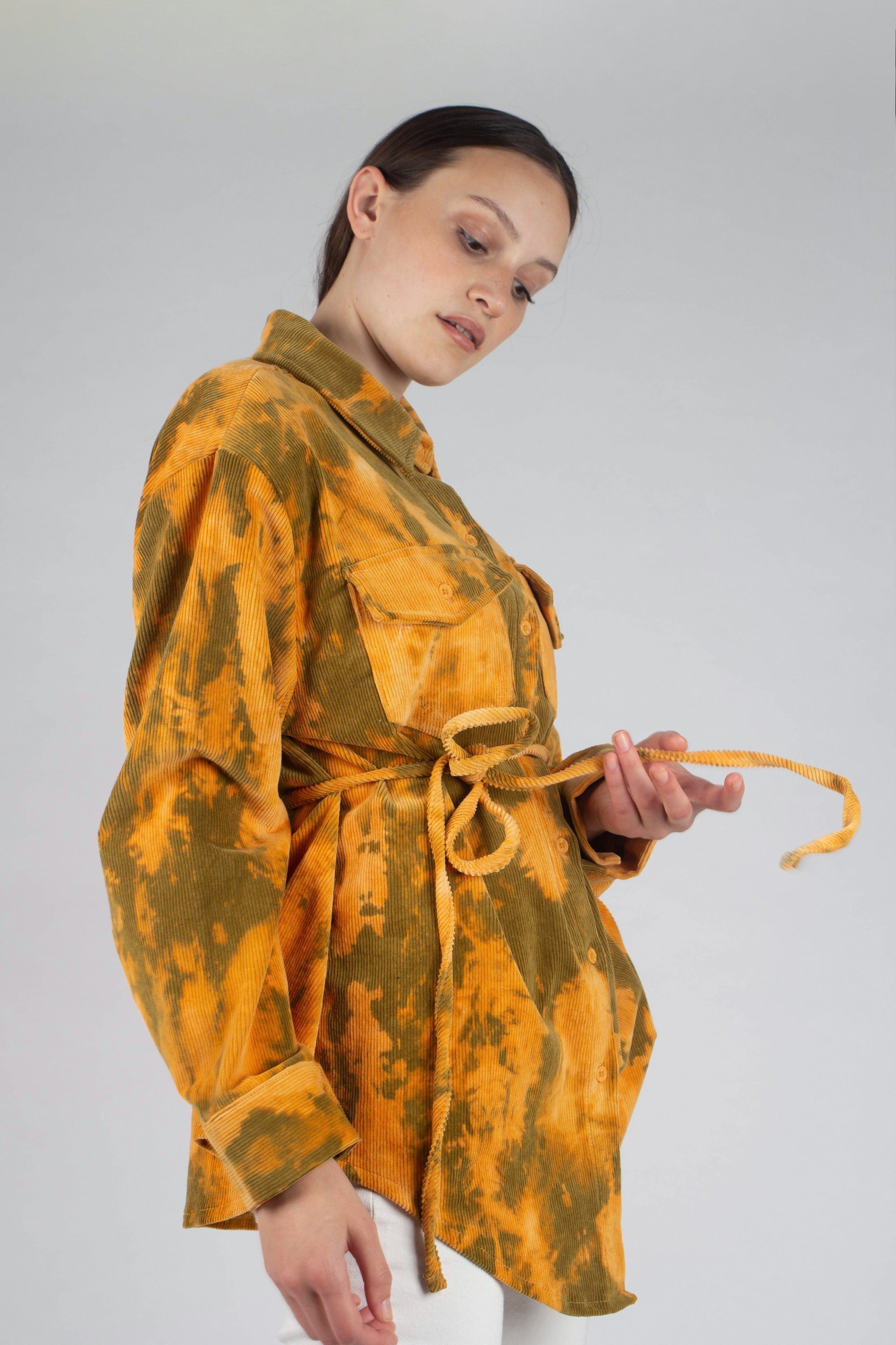 Orange and khaki tie dye tie waist shirt jacket_13