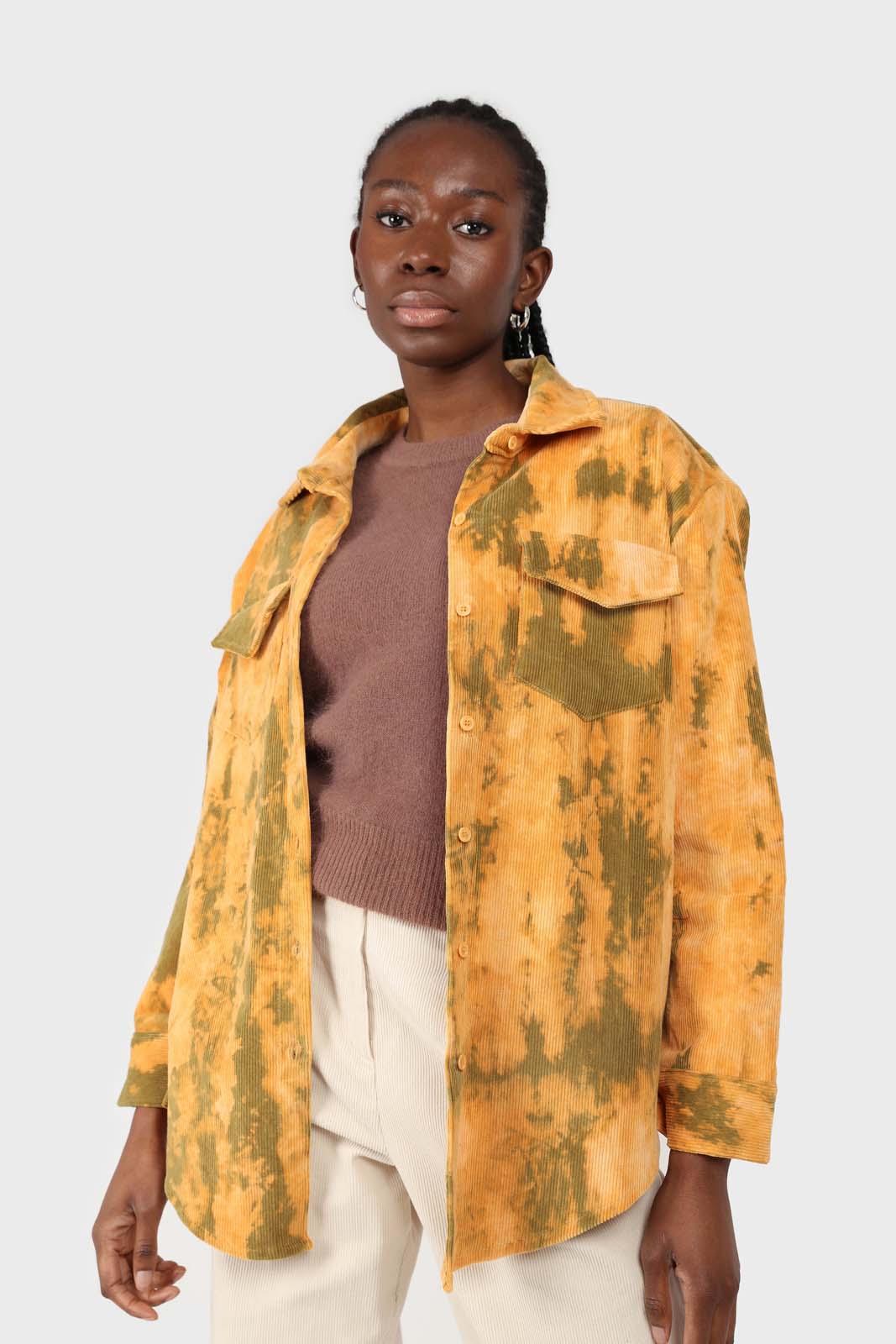 Orange and khaki tie dye tie waist shirt jacket_12