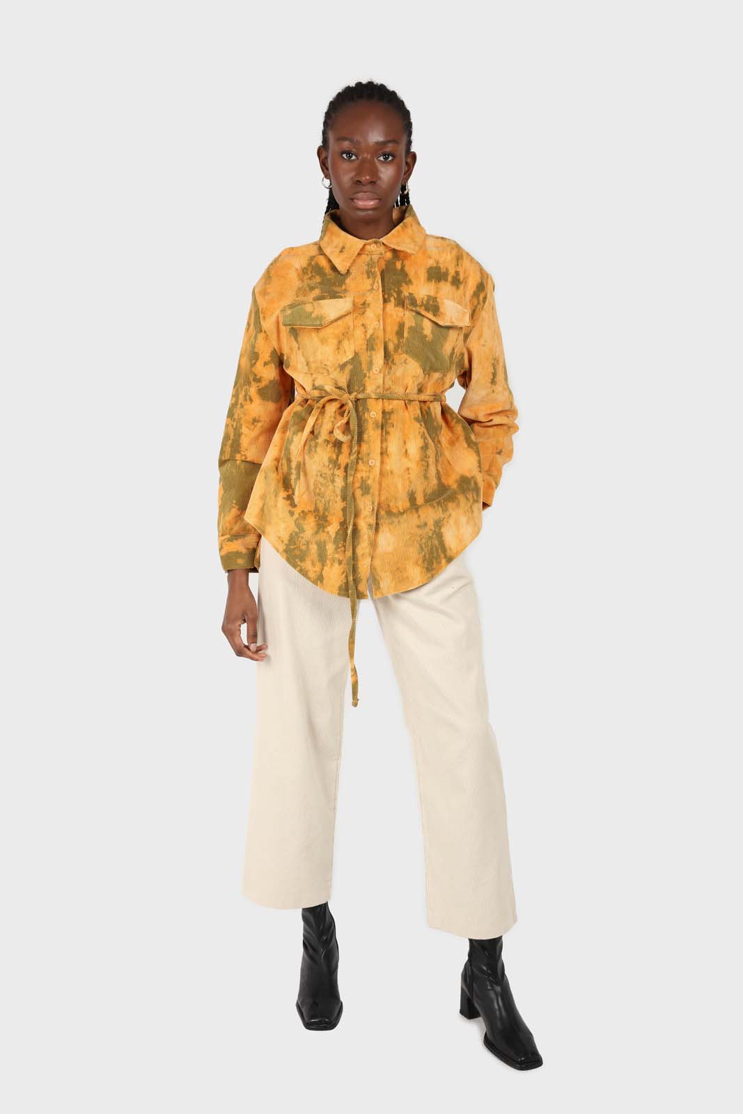 Orange and khaki tie dye tie waist shirt jacket_8