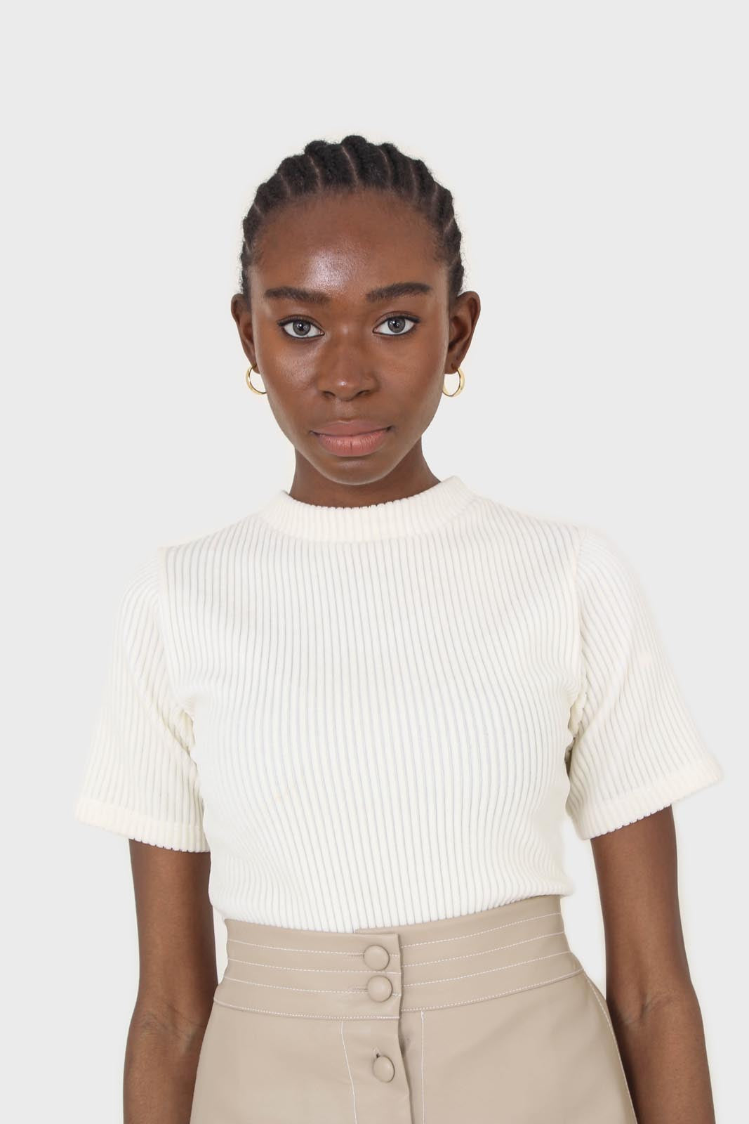 Beige vegan leather contrast stitch button maxi skirt_7