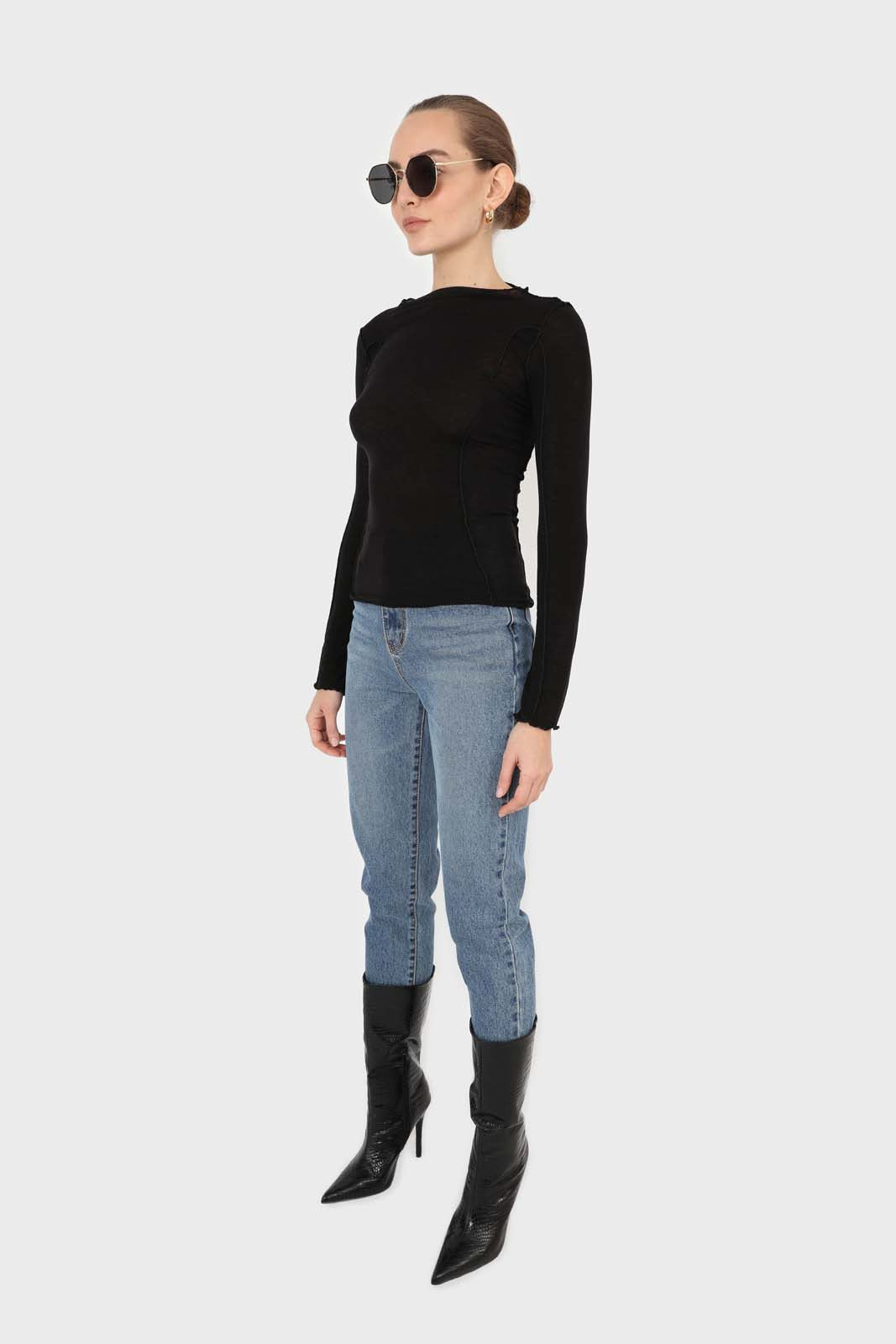 Black jersey frill seam long sleeved top_7