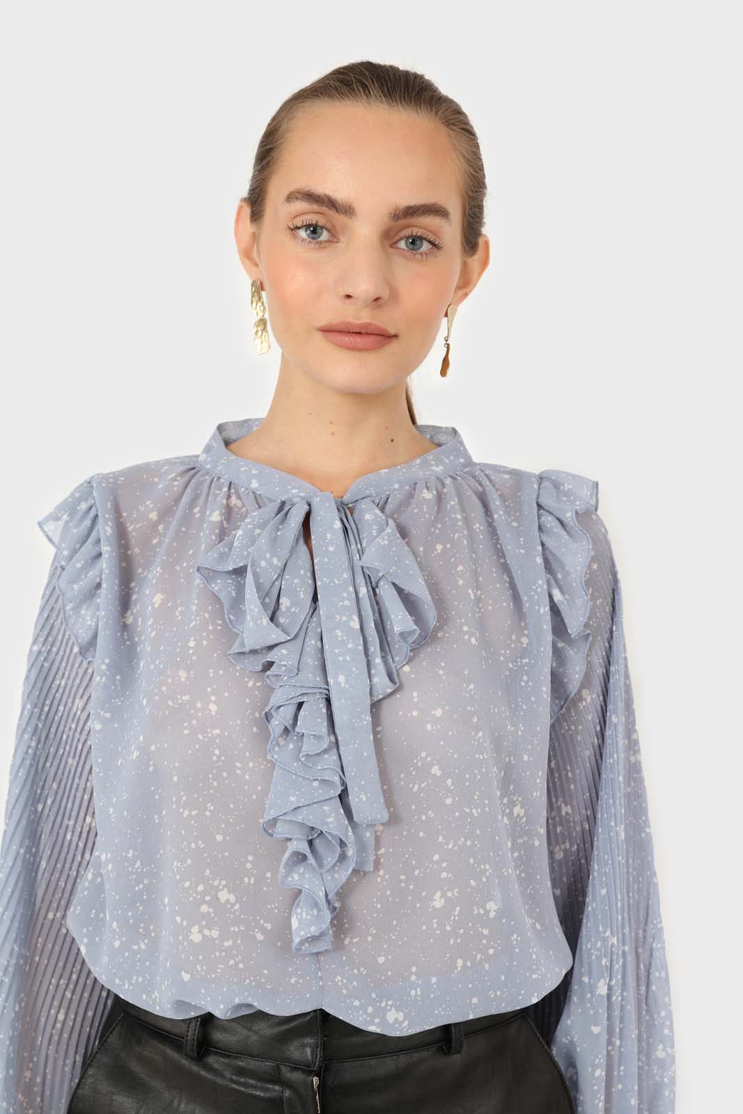 Light blue splatter print ruffled micropleat blouse_5