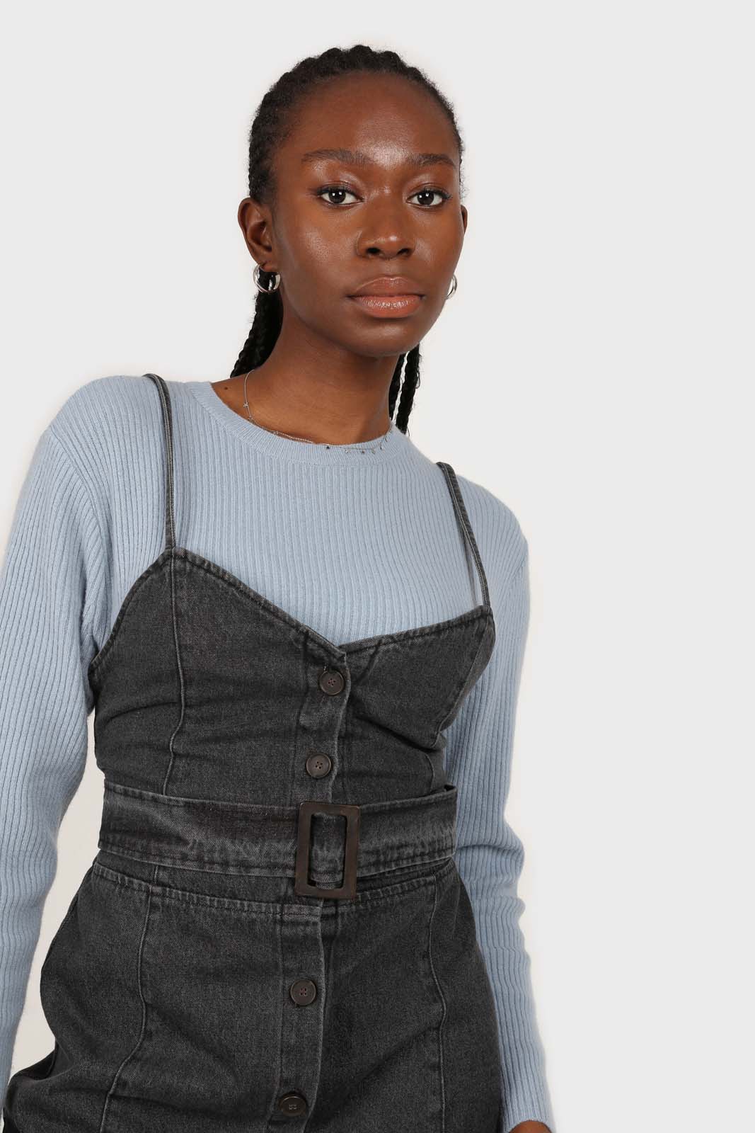 Washed black denim button front maxi dress_5