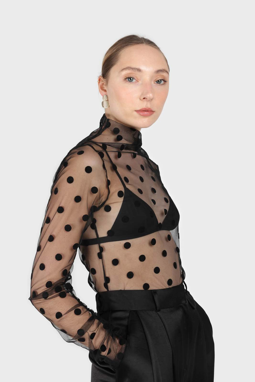 Black sheer polka dot long sleeved top_2
