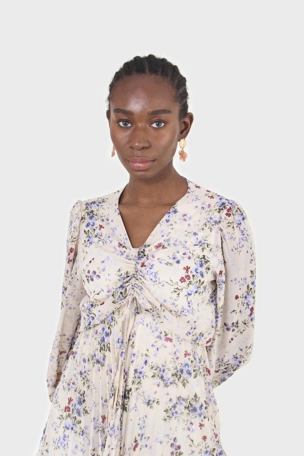 Beige and lilac floral print pull front pleat skirt maxi dress_6