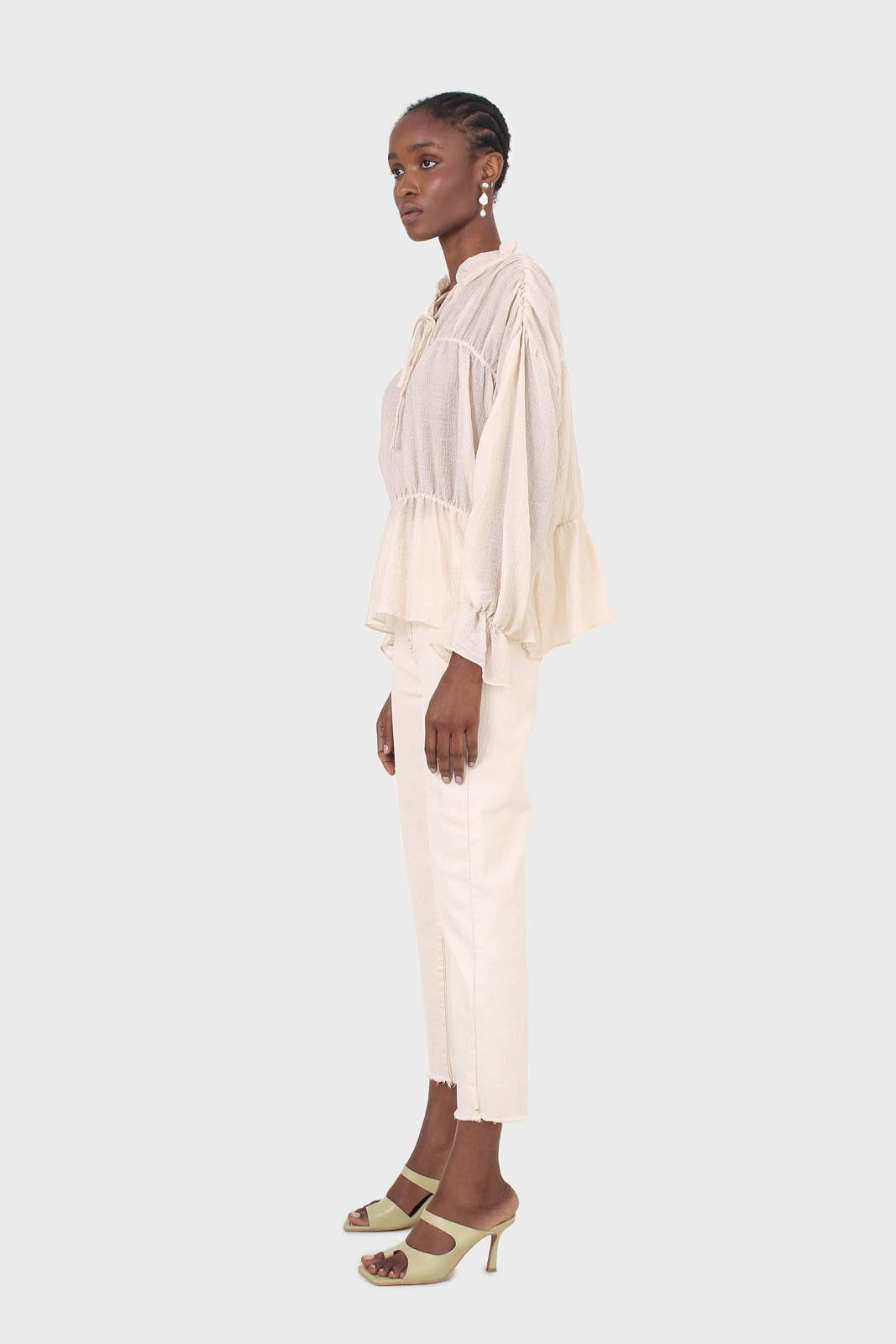 Beige sheer frill cuff tiered blouse_11
