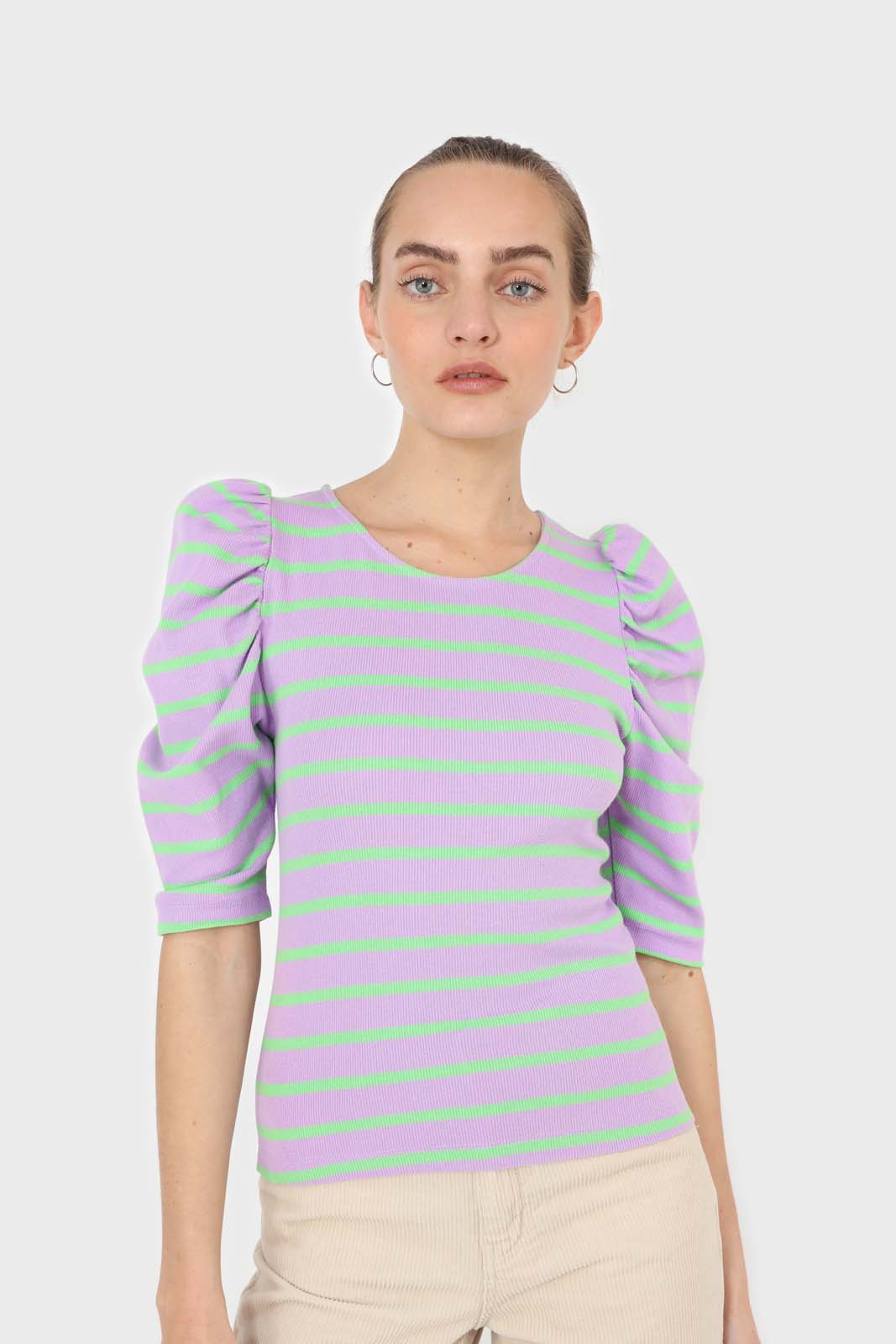 Lilac and mint striped puff 3/4 sleeve top_1