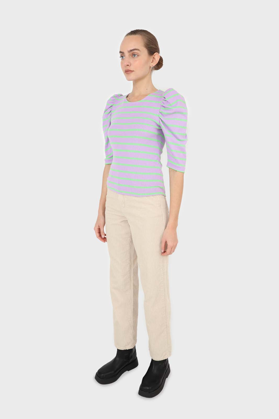 Lilac and mint striped puff 3/4 sleeve top_3