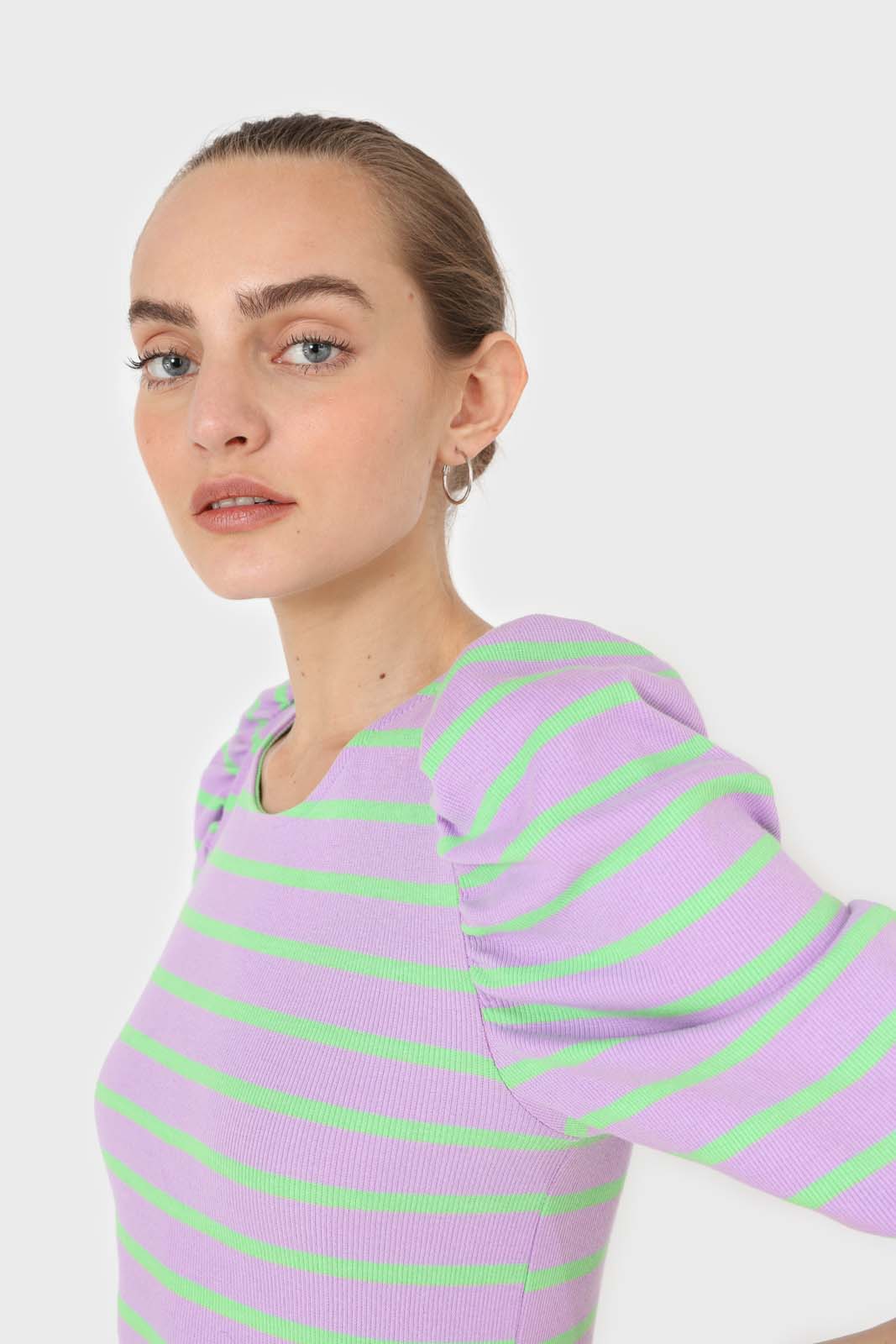 Lilac and mint striped puff 3/4 sleeve top_5