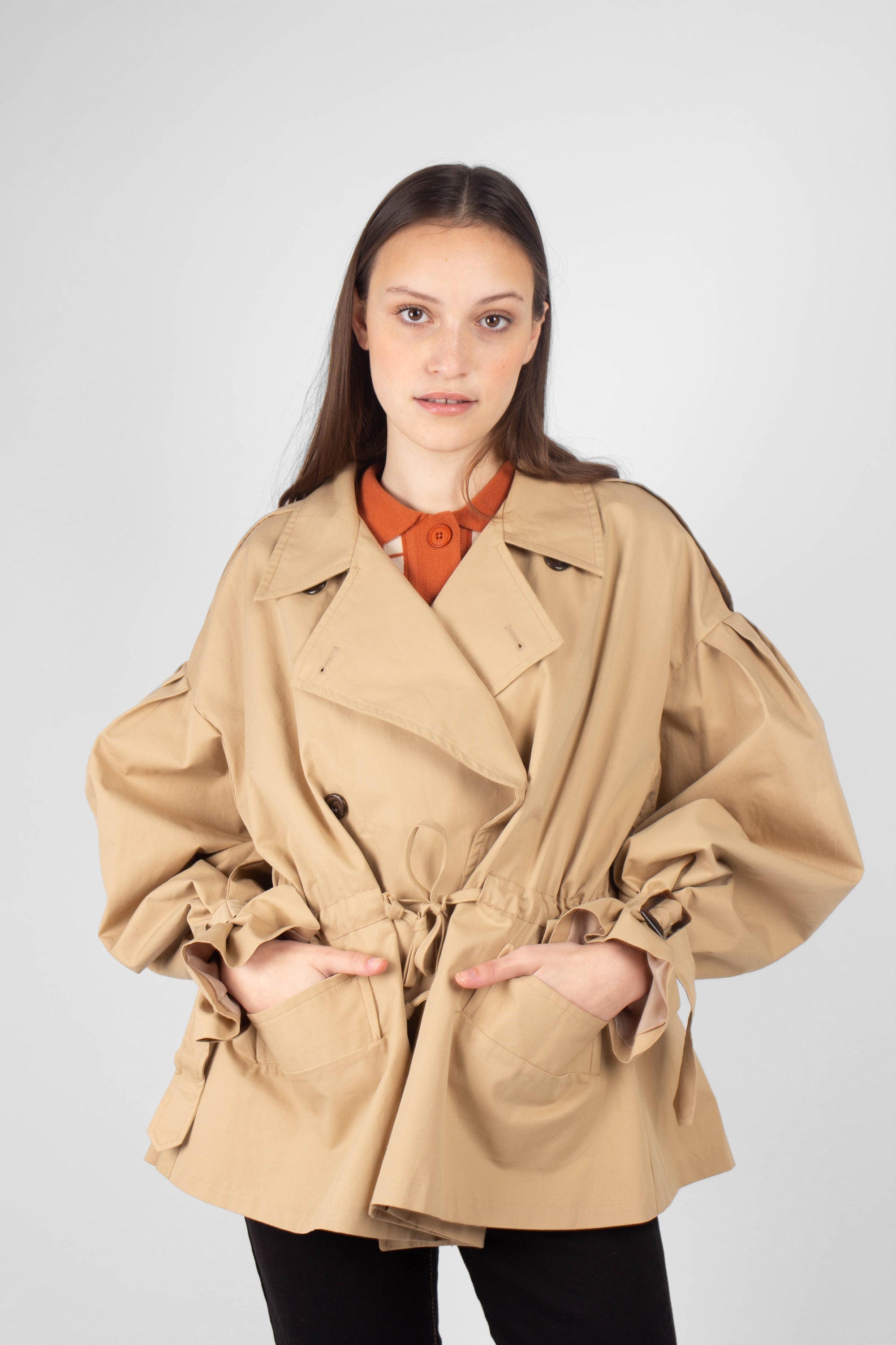 Beige double breasted half length trench coat_1