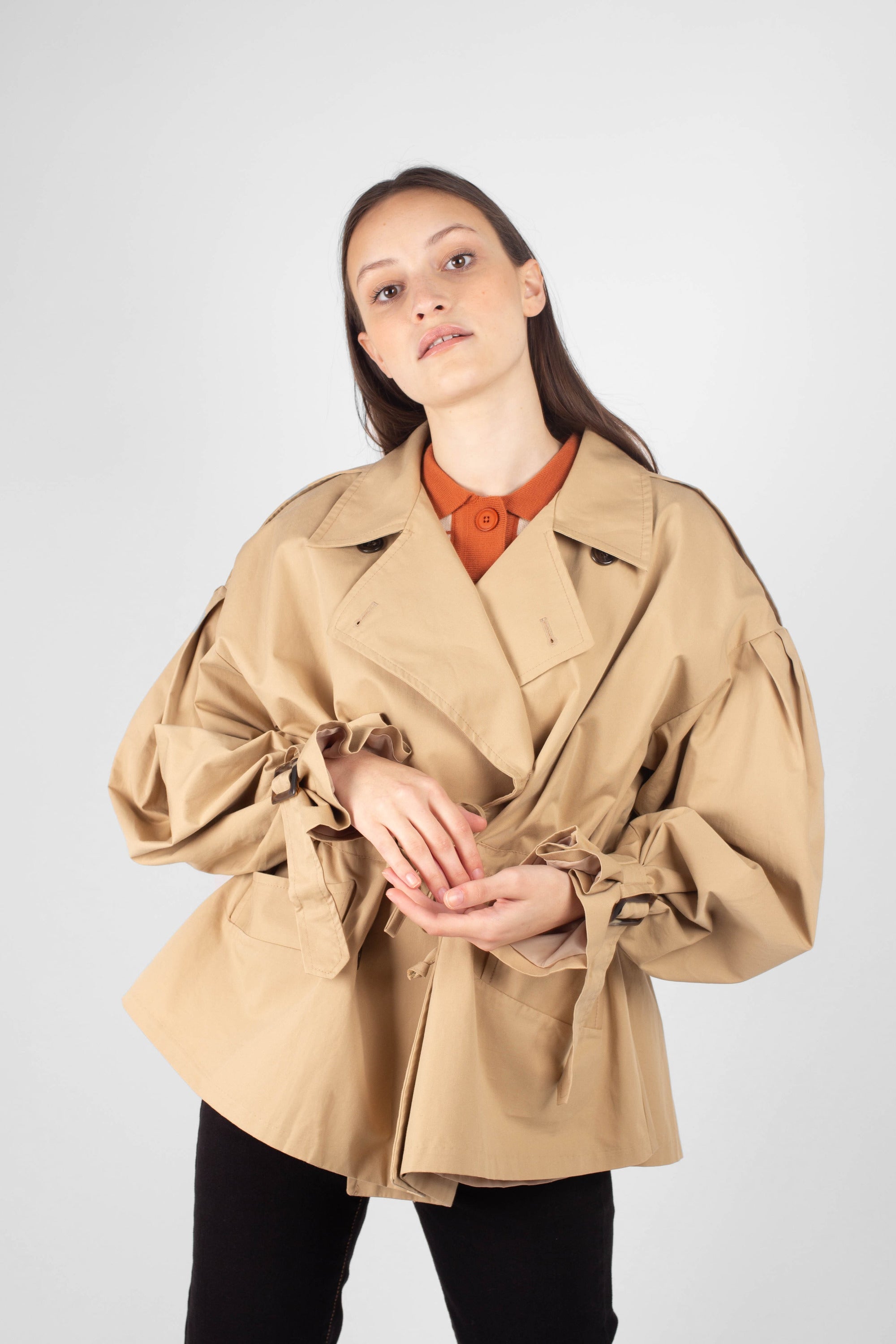 Beige double breasted half length trench coat_2
