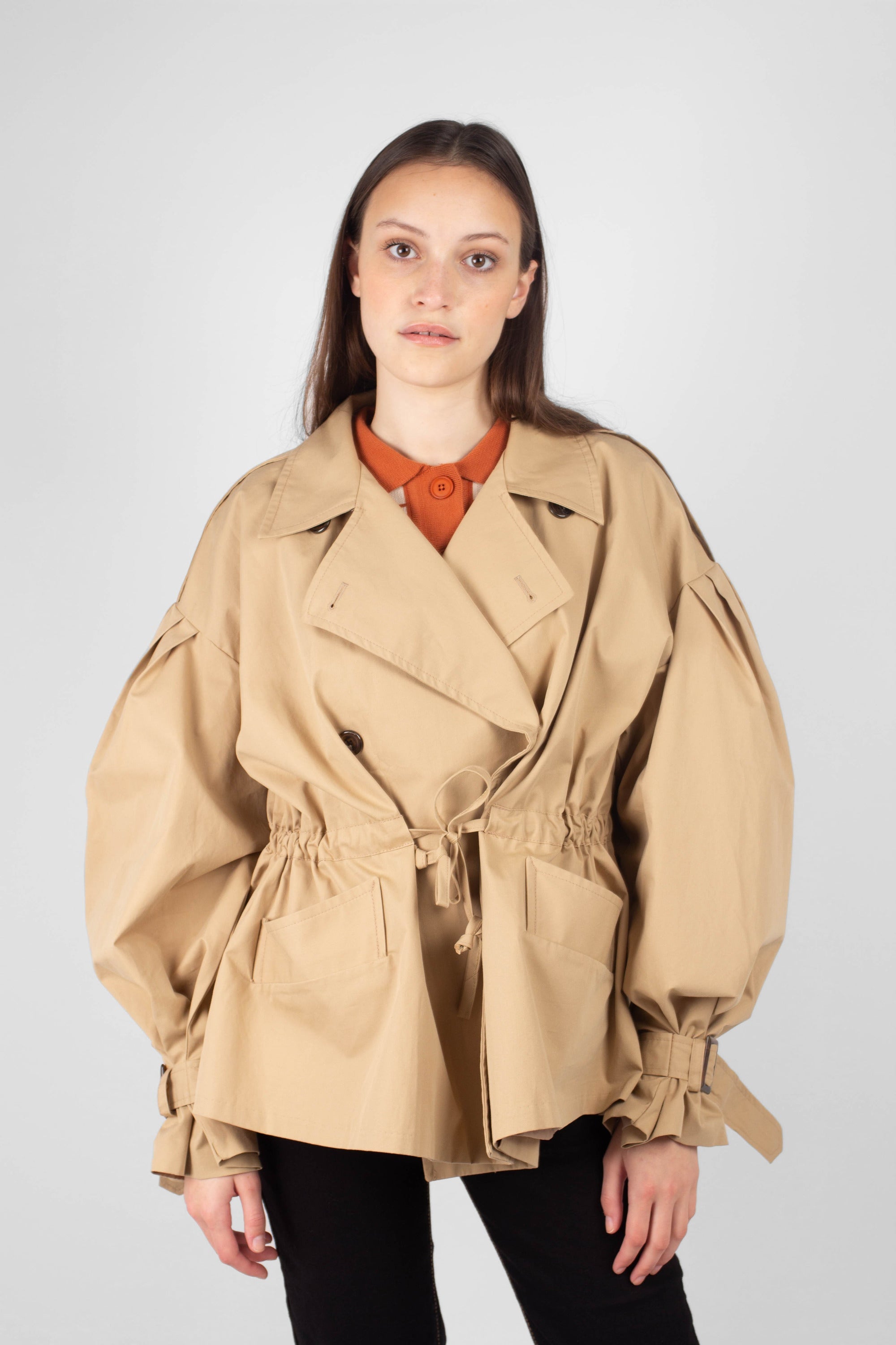 Beige double breasted half length trench coat_5
