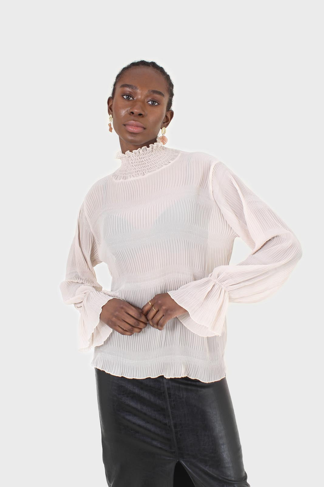 Beige shirring neck sheer tiered blouse_7