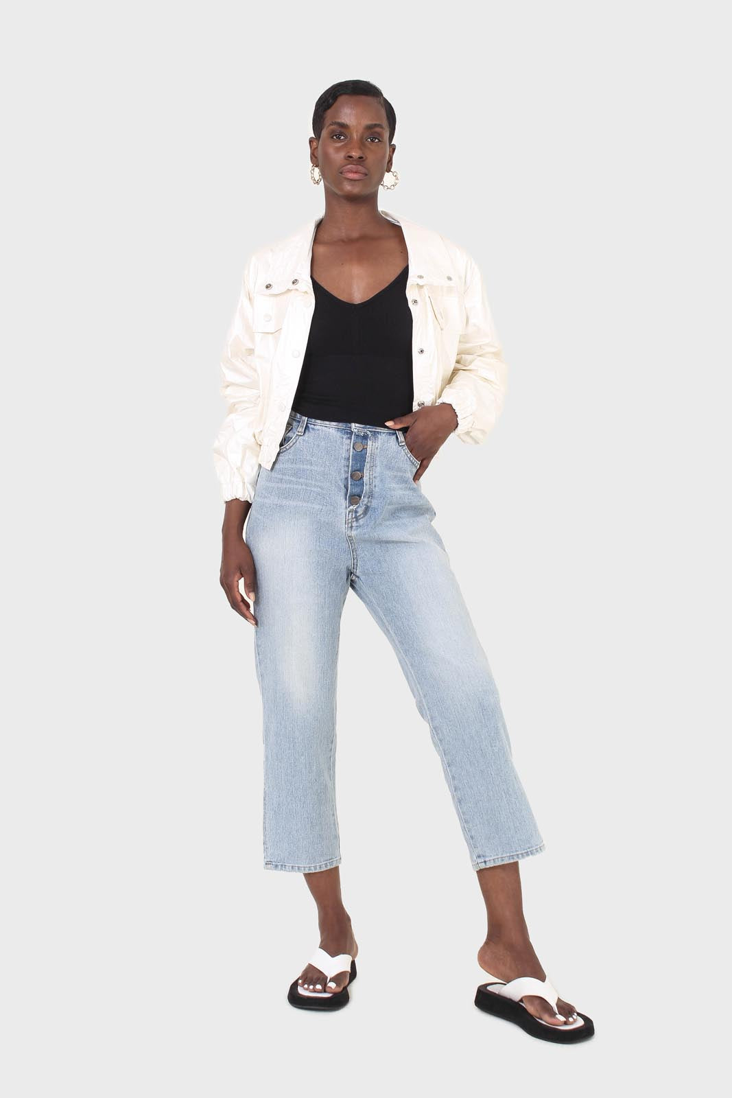 Ivory shiny coated crop blouson jacket_2