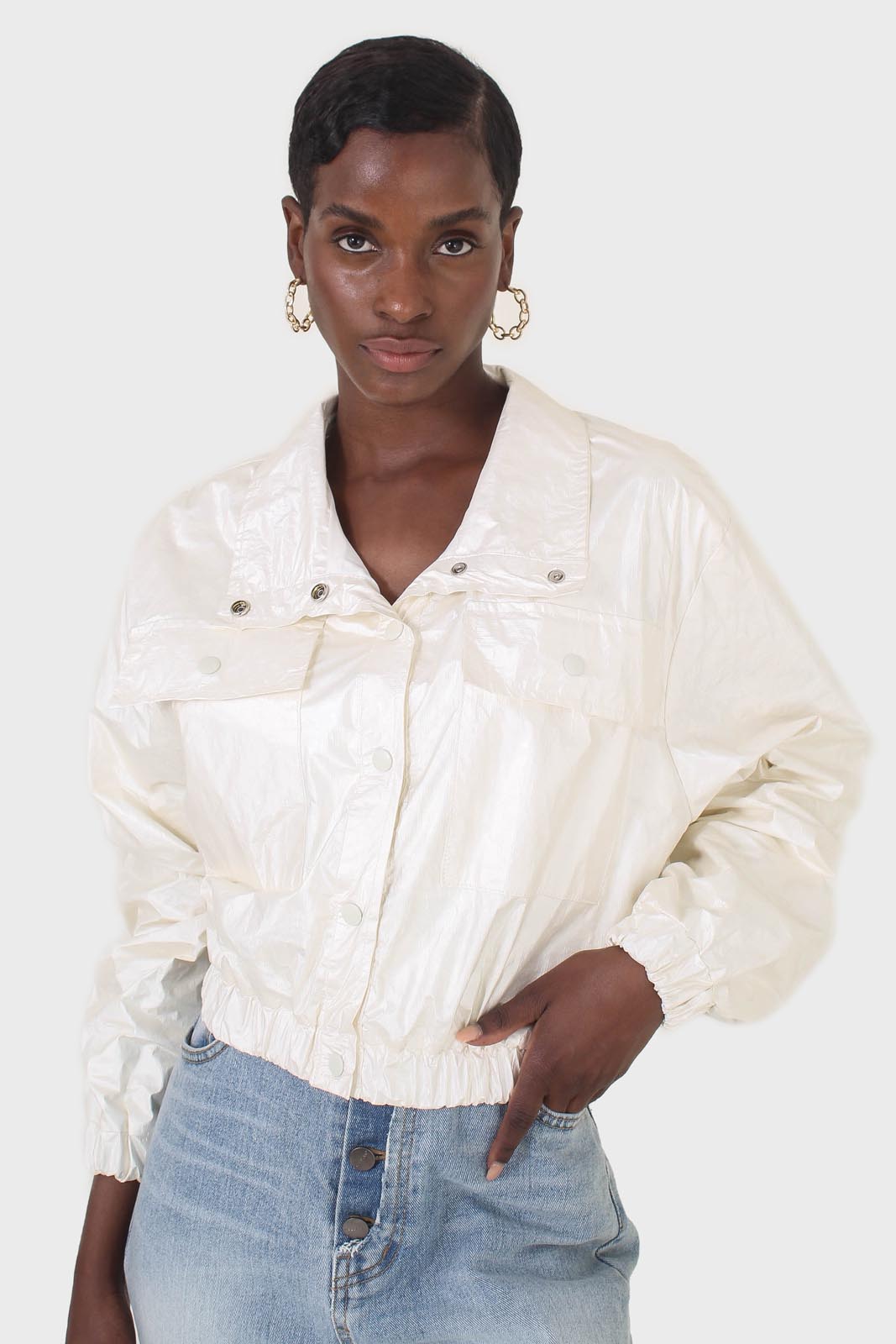 Ivory shiny coated crop blouson jacket_1
