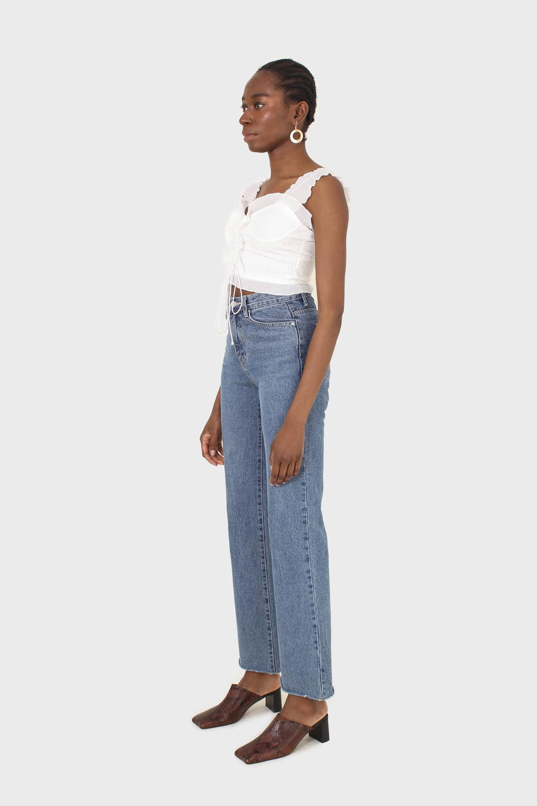 White chiffon trim lace up front tank top_9