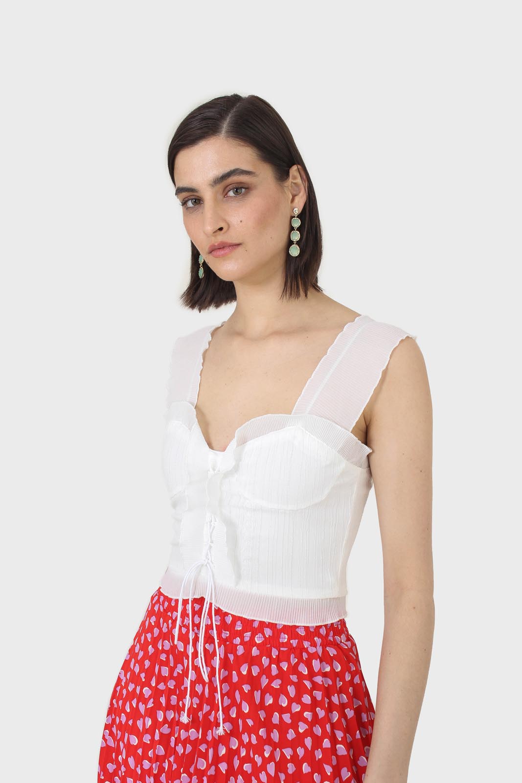 White chiffon trim lace up front tank top_3