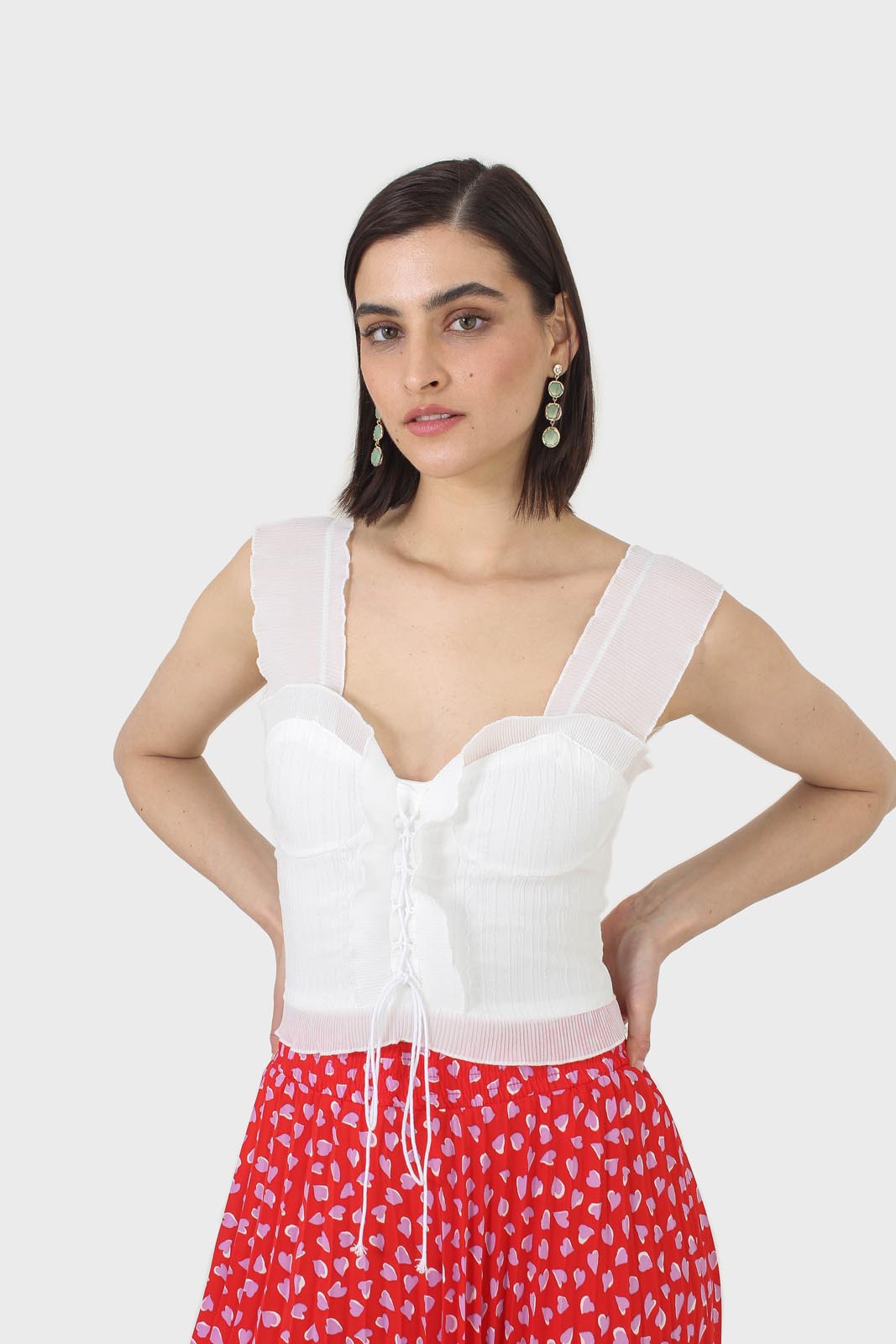 White chiffon trim lace up front tank top_4