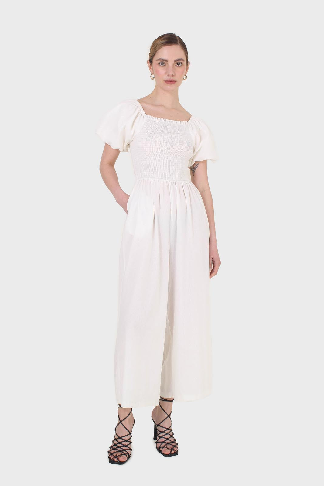 White short sleeved ruched bodice jumpsuit_1