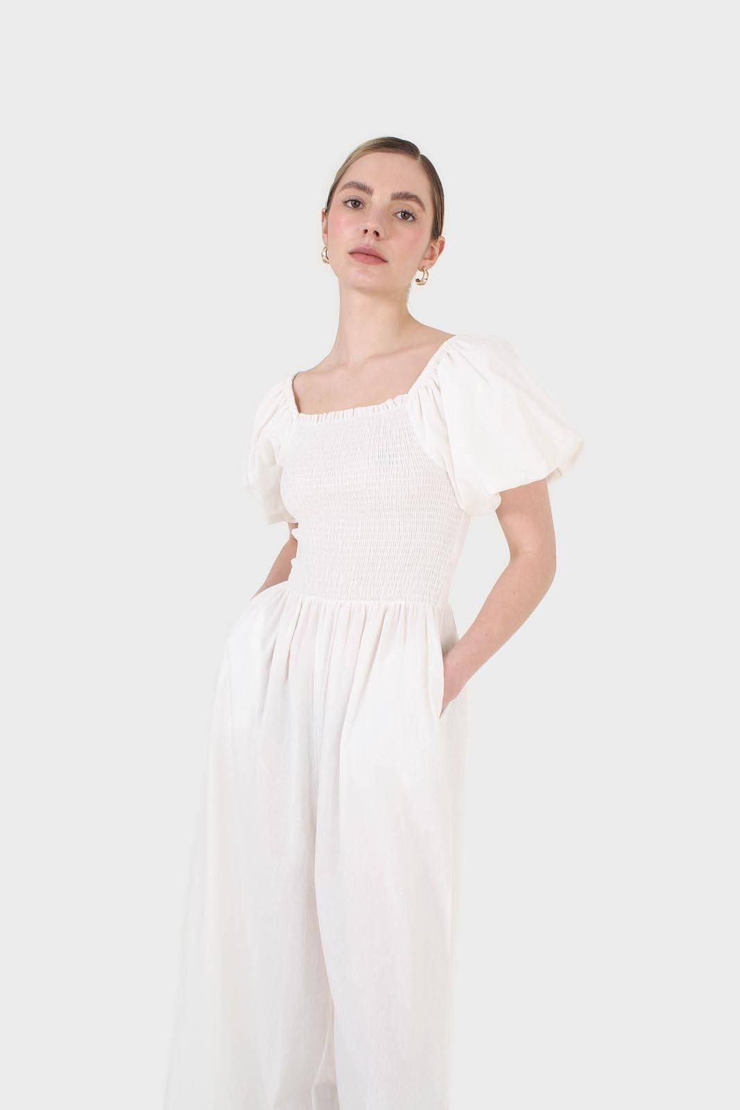 White short sleeved ruched bodice jumpsuit_6