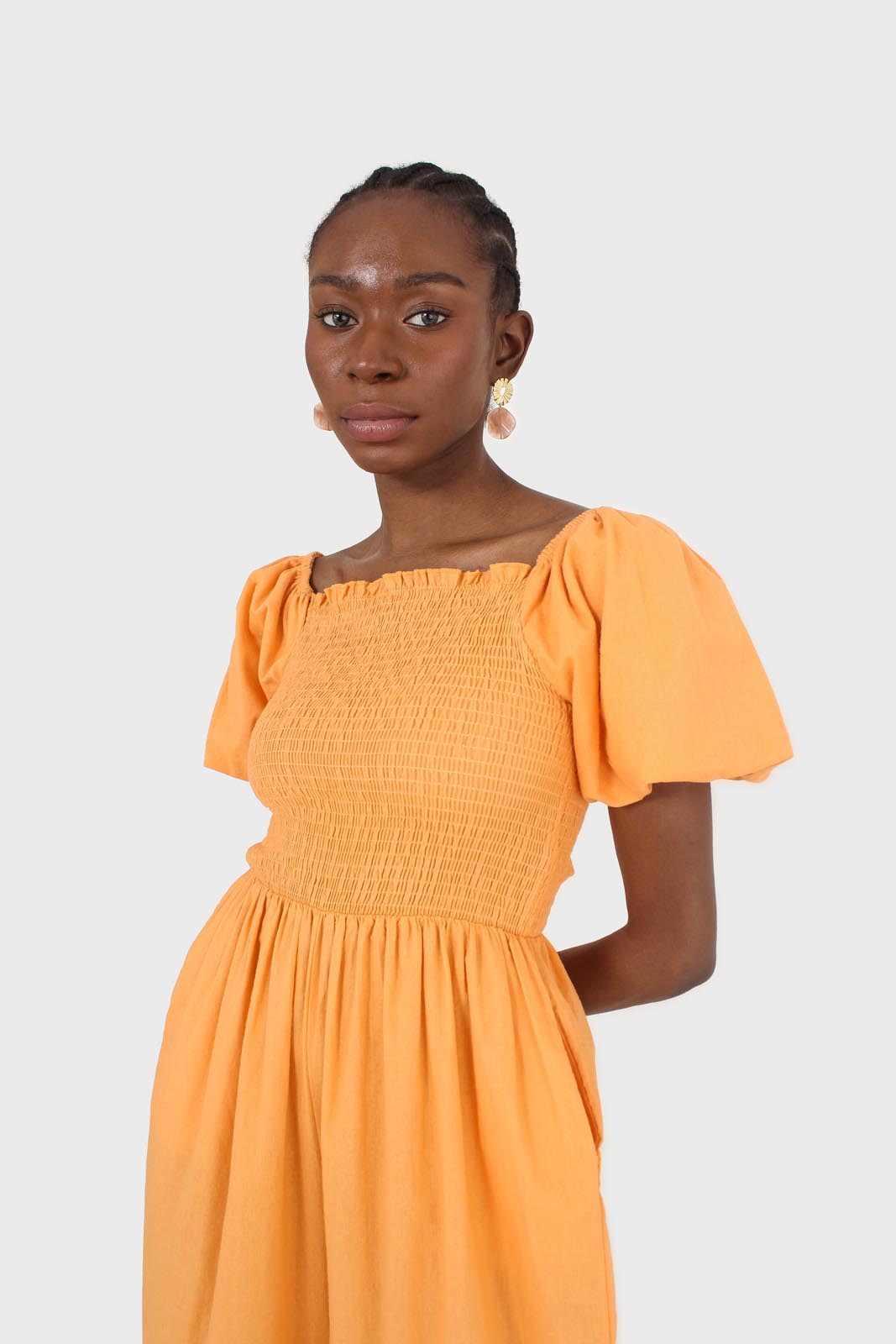 Orange short sleeved ruched bodice jumpsuit_2