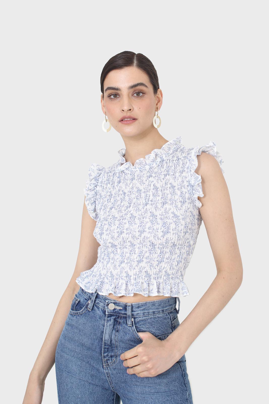 Ivory and blue floral print ruched tank_1