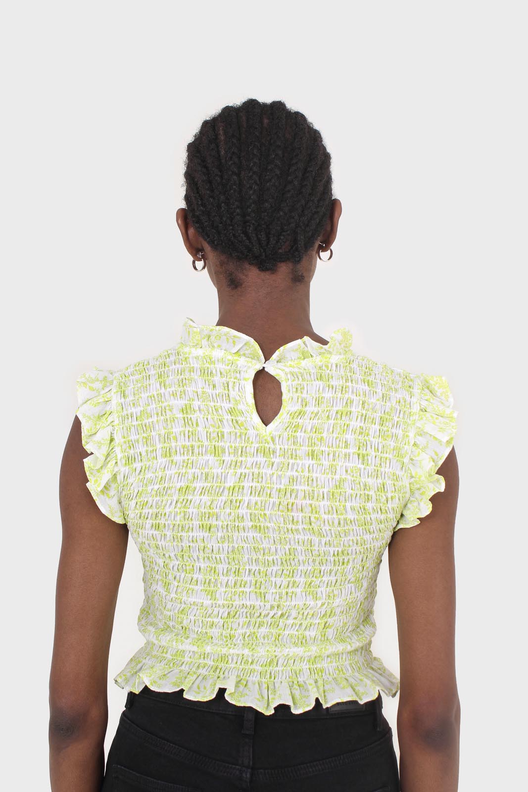 Ivory and bright green floral print ruched tank_8