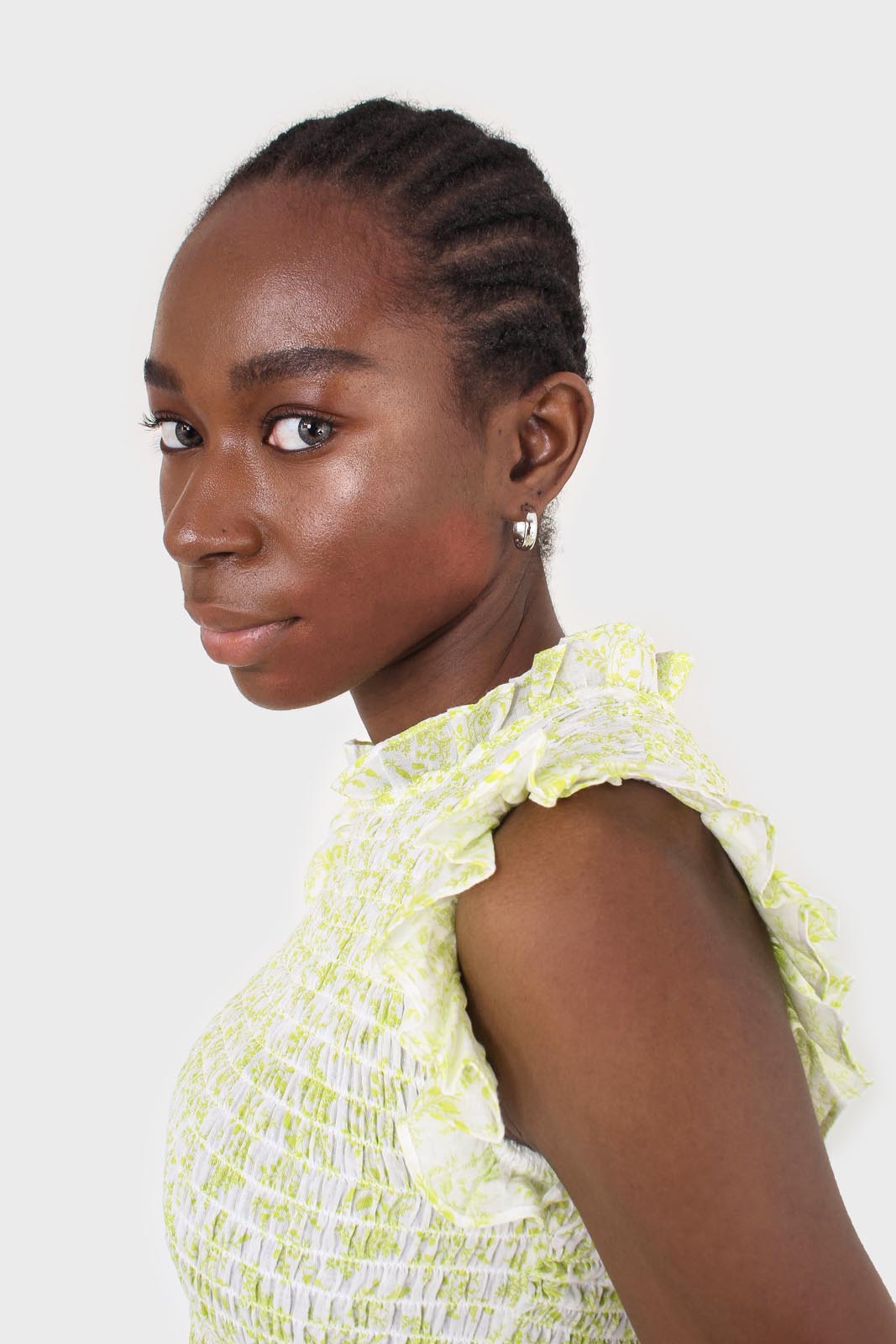 Ivory and bright green floral print ruched tank_4