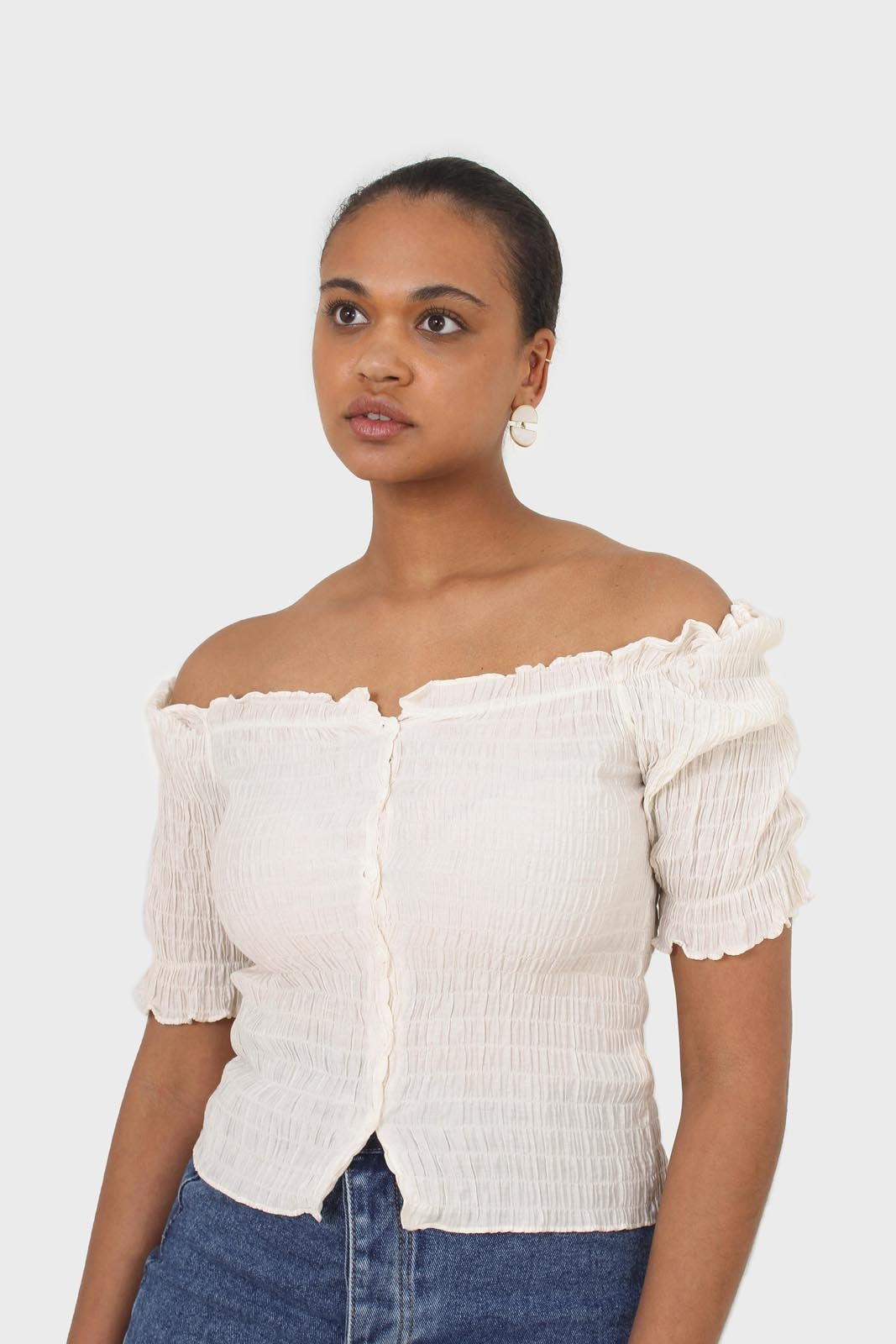 Ivory square neck smocked short sleeved blouse_2
