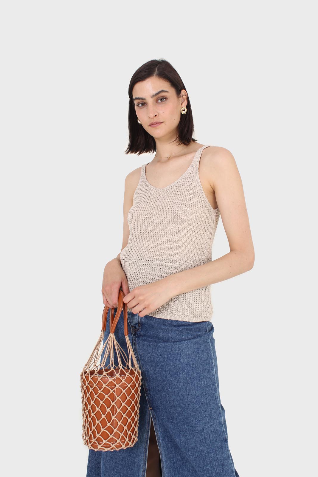 Pale beige V neck knit tank_1
