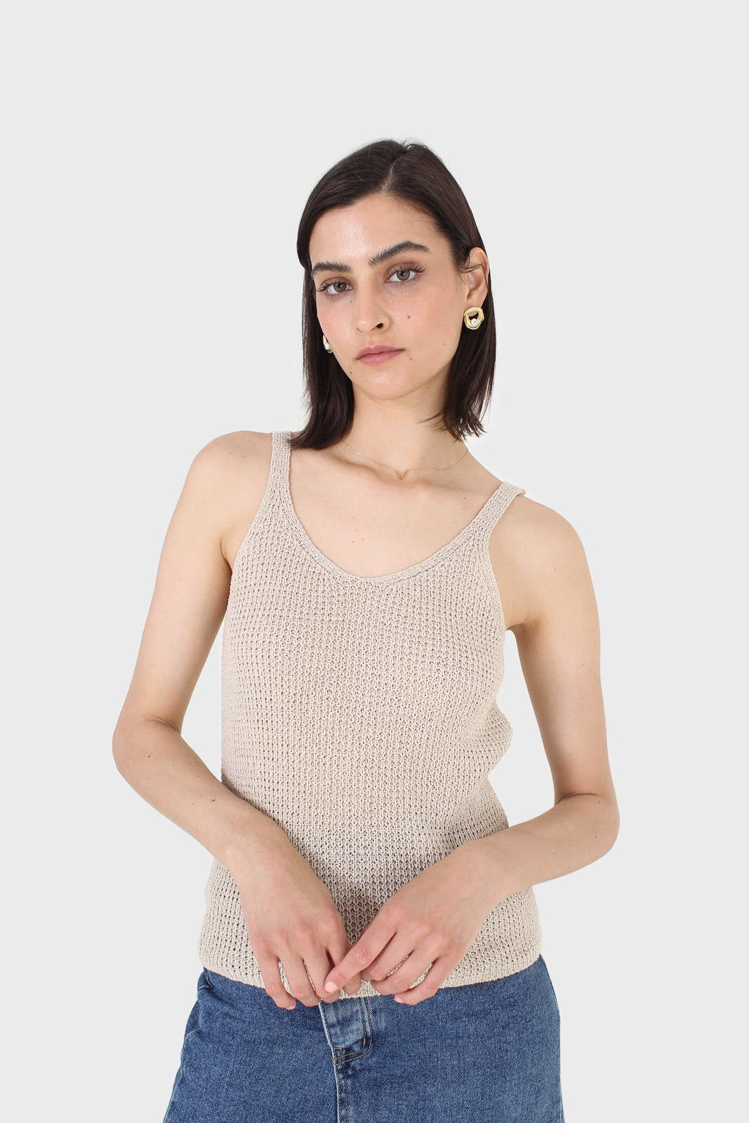 Pale beige V neck knit tank_6