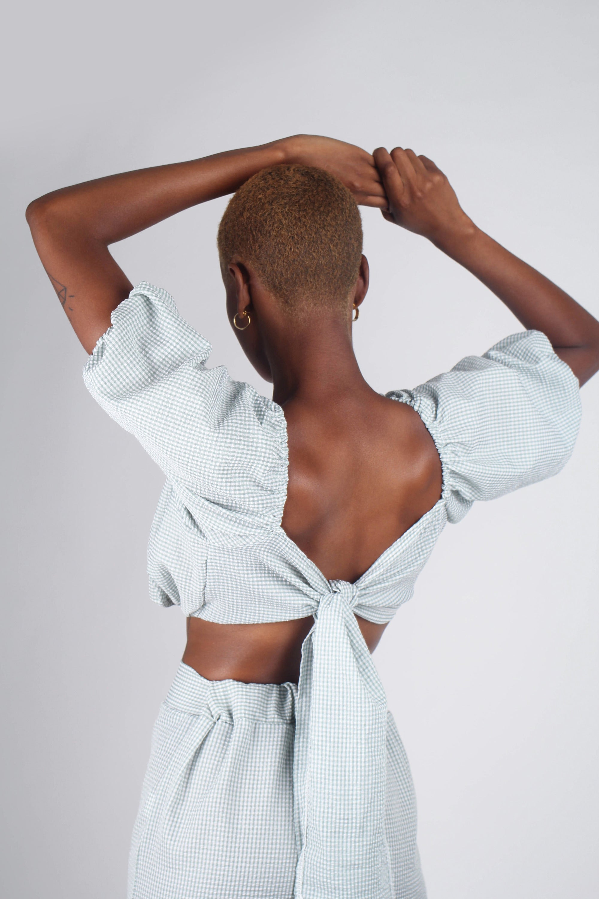 Khaki gingham off shoulder wrap top - set_7