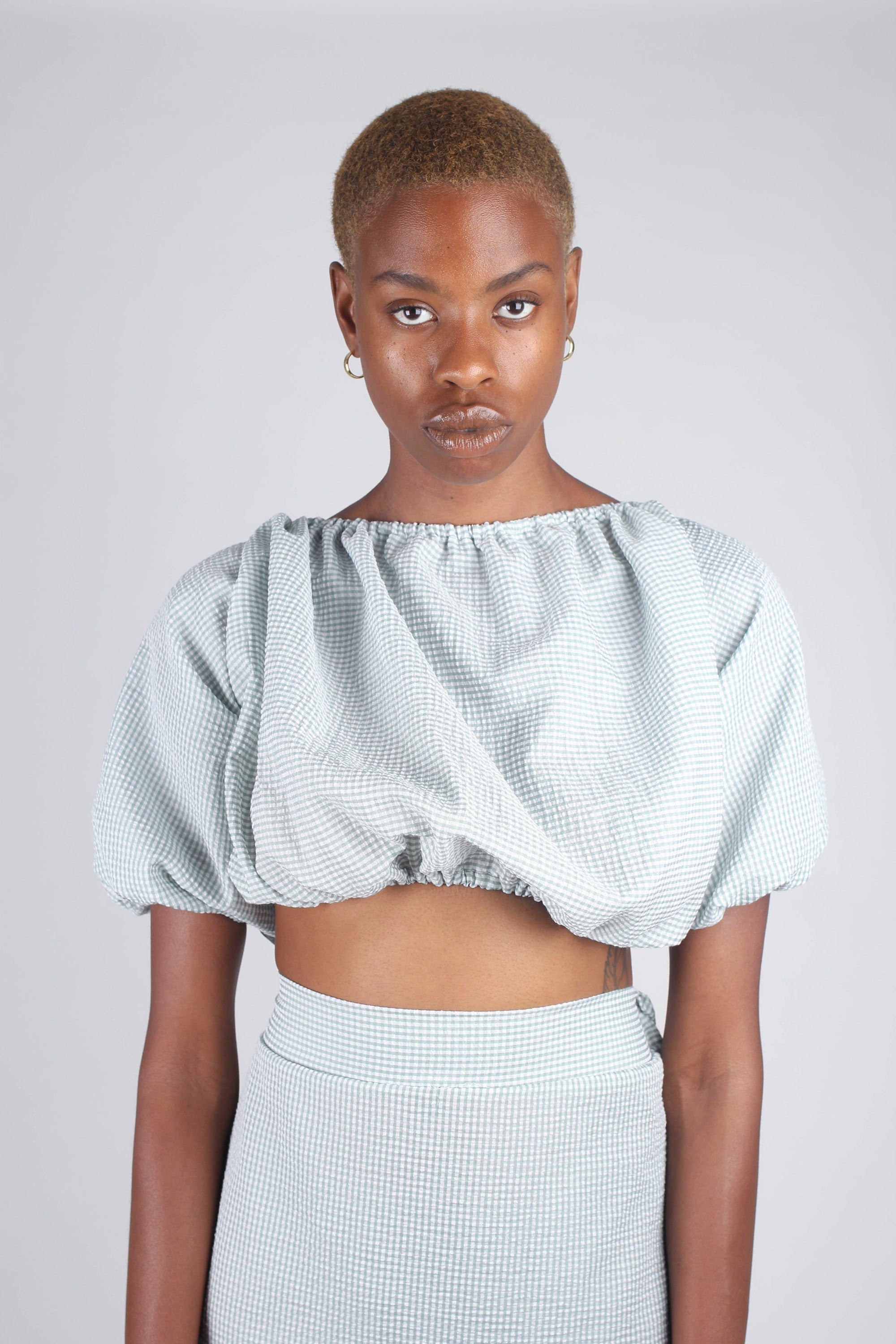 Khaki gingham off shoulder wrap top - set_2