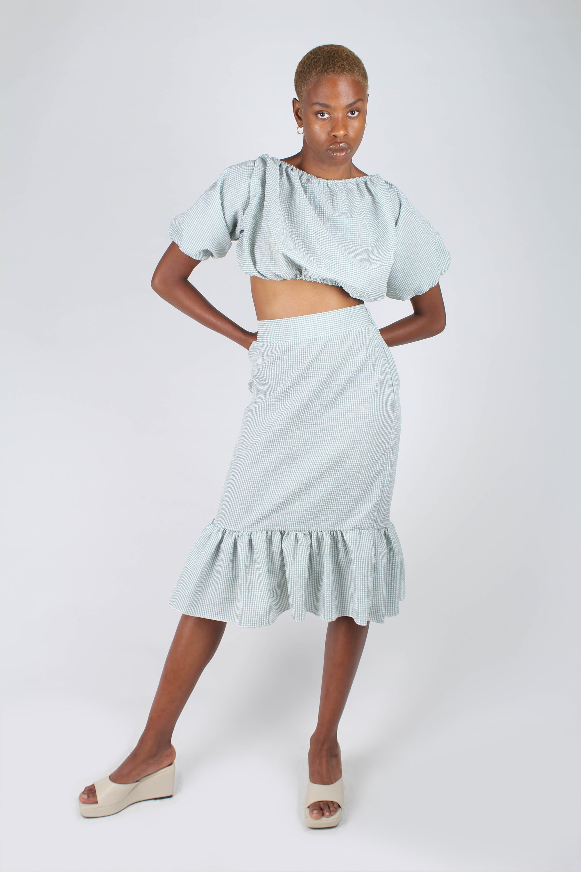 Khaki gingham off shoulder wrap top - set_8