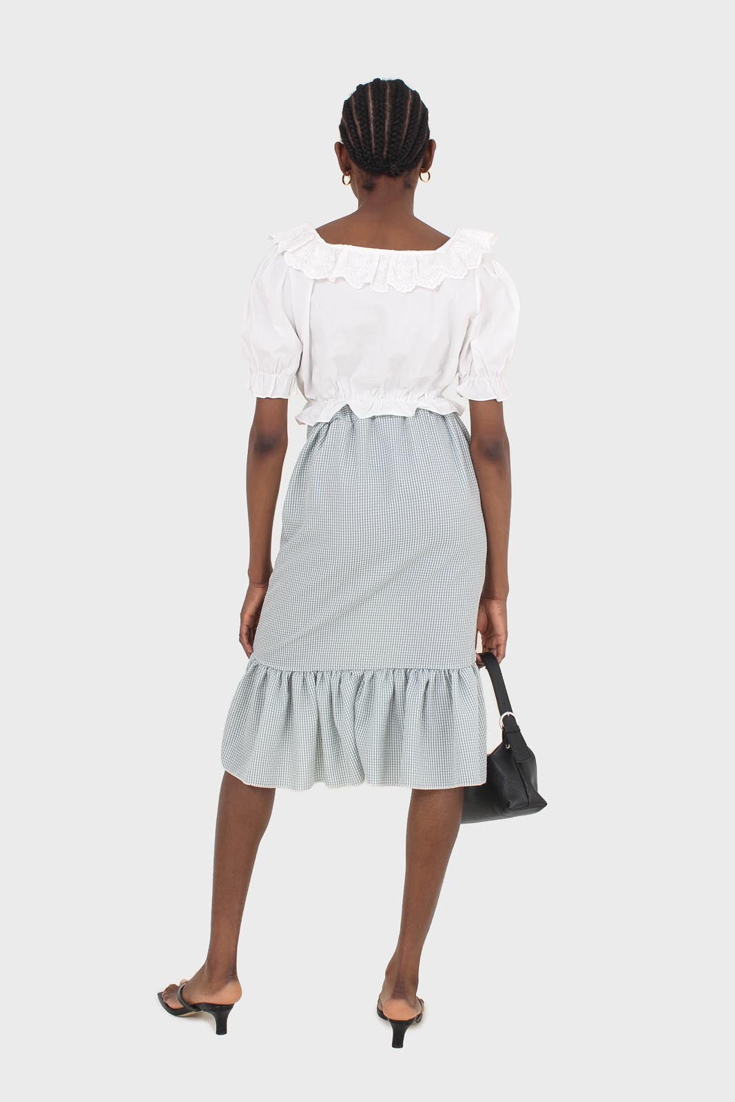 Khaki gingham ruffle tier midi skirt - set_5