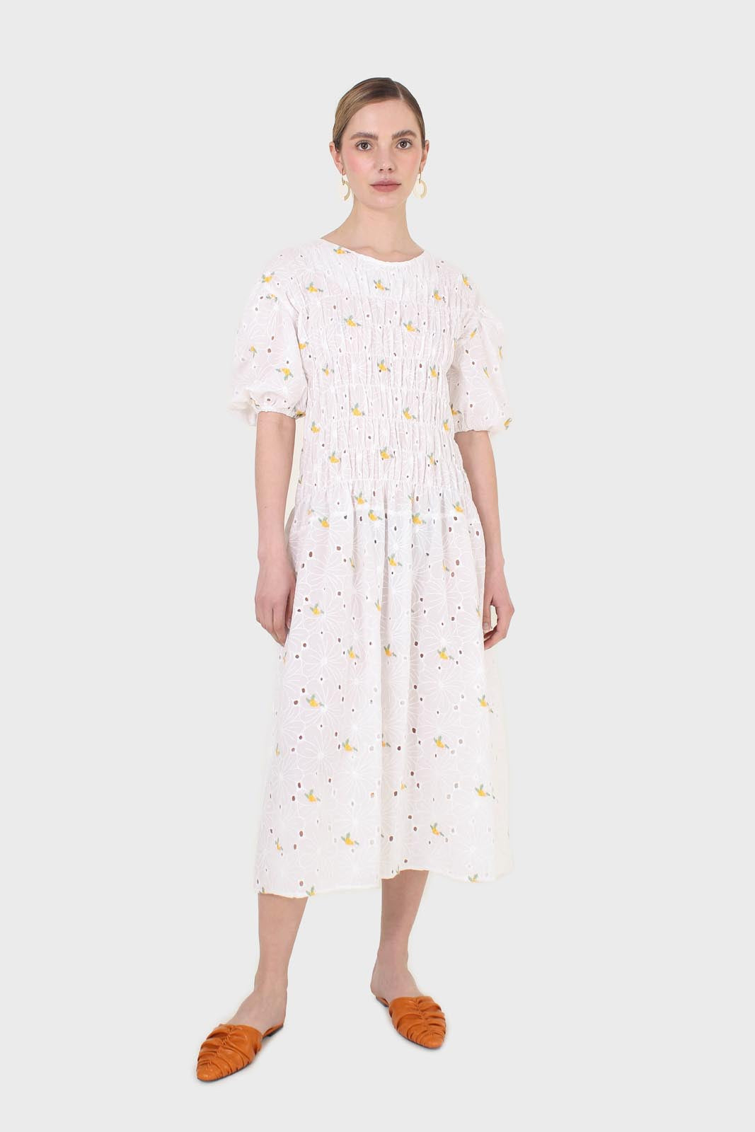 Ivory and yellow embroidered floral lace dress_1