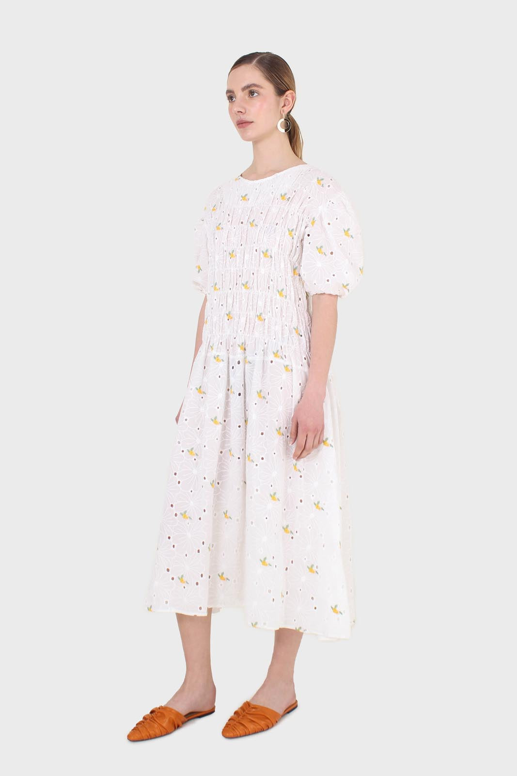 Ivory and yellow embroidered floral lace dress_3